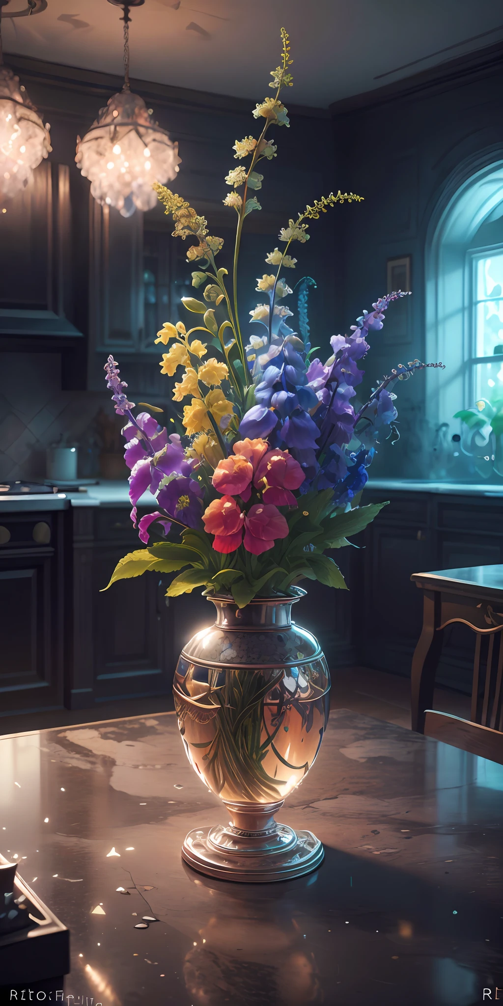 Best quality, tmasterpiece, ultra highres, (photo realist:1.4),Surrealist portrait, surrealism, dream-like,
Delphinium Belladonna fleurit dans un pot, Fantastic creature, 
DiamonAI,