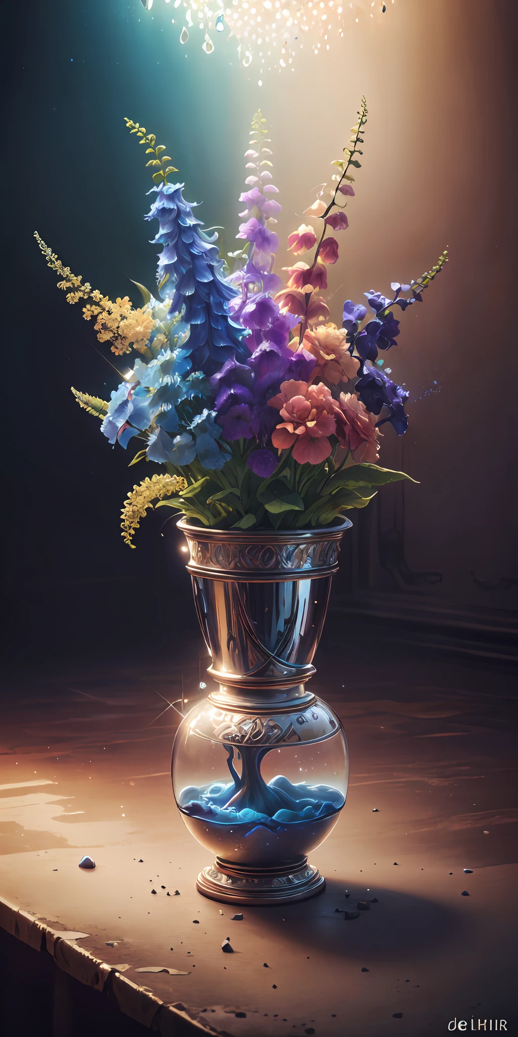 Best quality, tmasterpiece, ultra highres, (photo realist:1.4),Surrealist portrait, surrealism, dream-like,
Delphinium Belladonna fleurit dans un pot, Fantastic creature,
DiamonAI,