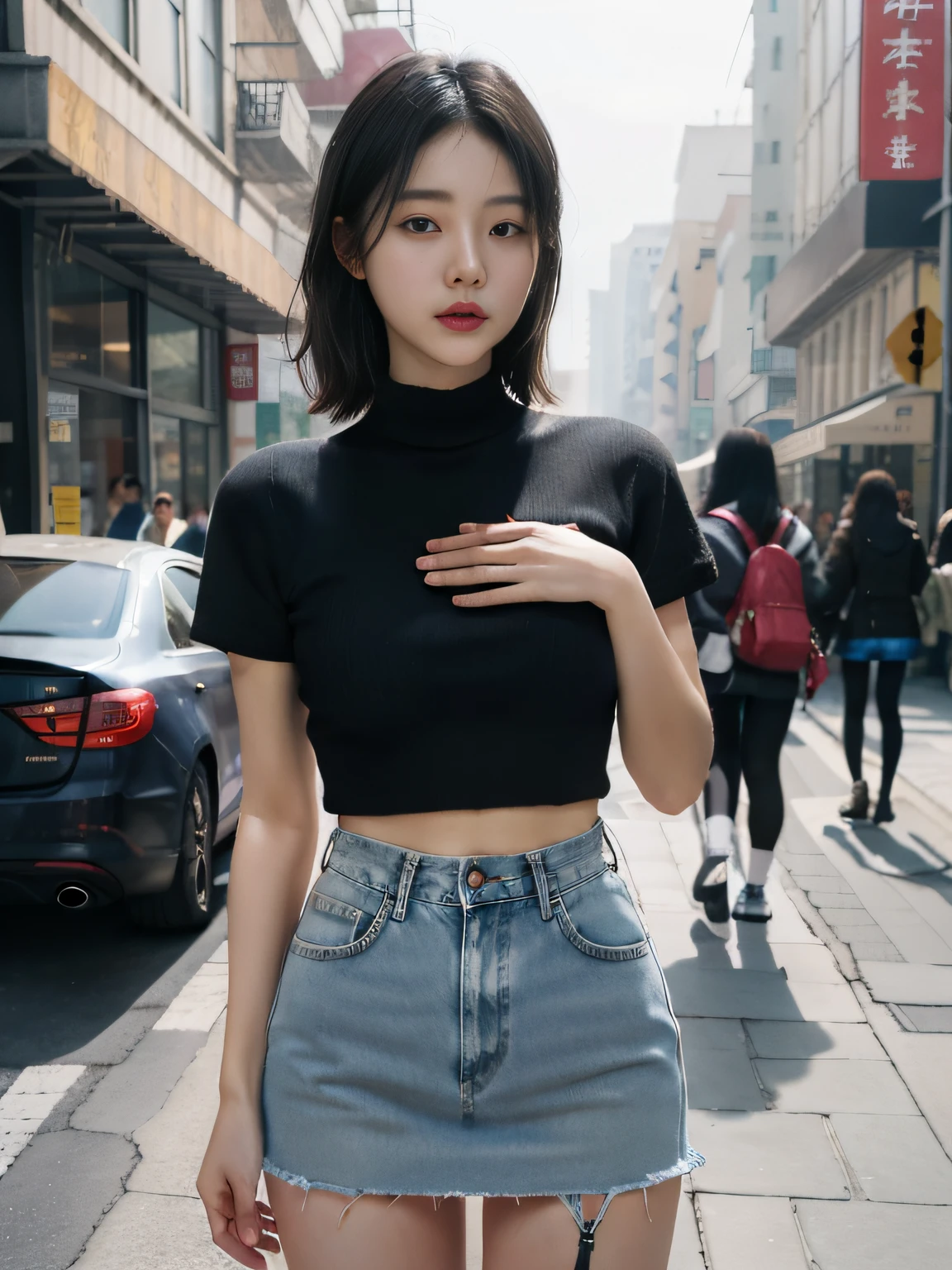 1girl，独奏，Open your lips， （Midgastric），（Hosiery）Denim skirt， the street，hand on her own chest，looking at viewert，Realistis，(full bodyesbian：1.5）
