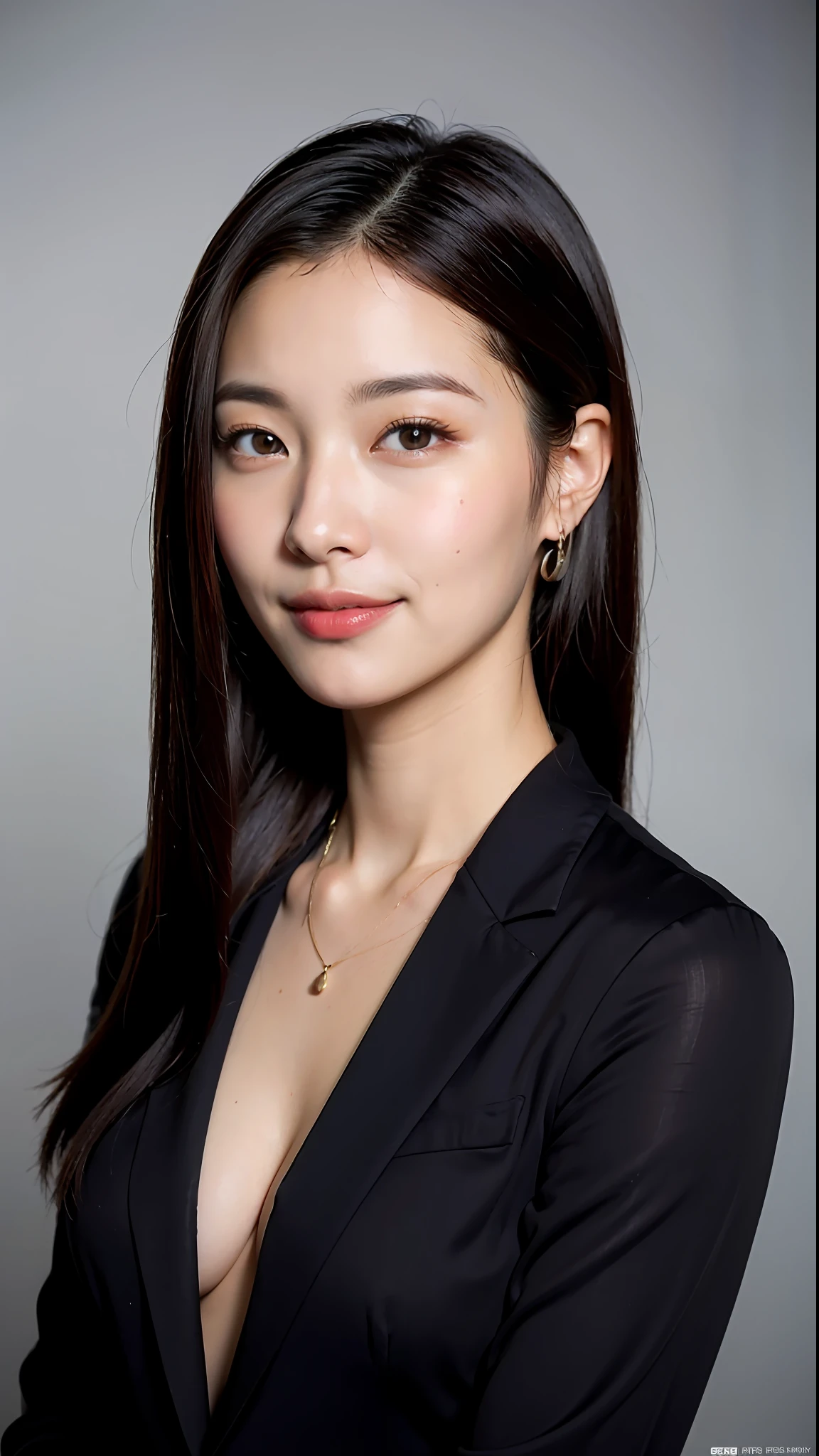 (Best quality, 8k, 32k, Masterpiece, UHD:1.2),Photo of Pretty Japanese woman,(detailed face:1.1), simple black suit, looking at viewer,upper body,necklace,medium breasts,smile