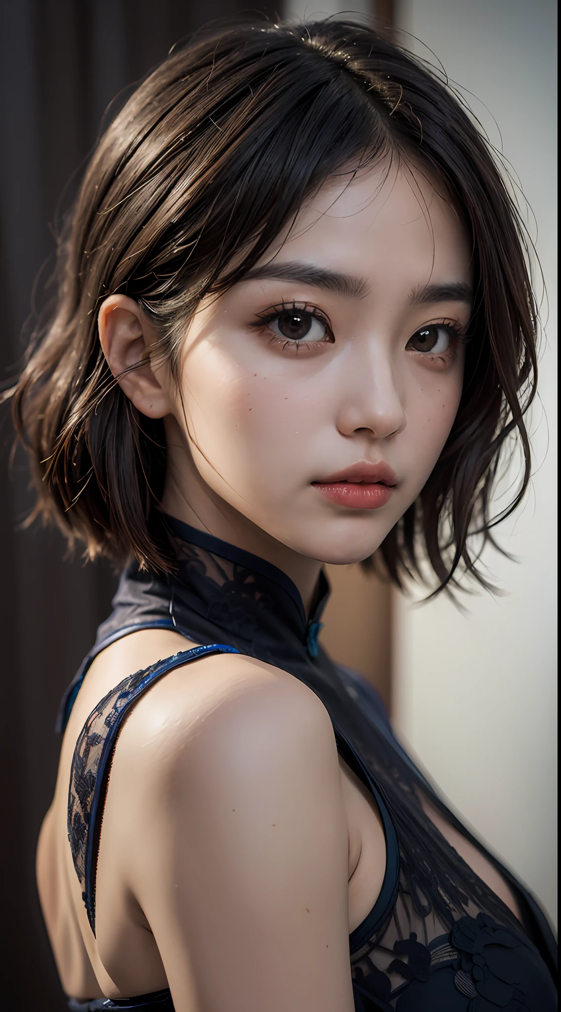 1girl in, (((shorth hair))), qipao dress,(masterpiece, top-quality, Near and far law, depth of fields:1.5), beautiful countenance, 8K, Raw foto, nffsw, Photorealsitic, film grains, chromatic abberation, hight resolution, ultra-detailliert, finely detail, 动态照明, Dramatic Lighting、shadowy、extremely detailed eye and face、Round pupils、Realistic pupils、clean back ground