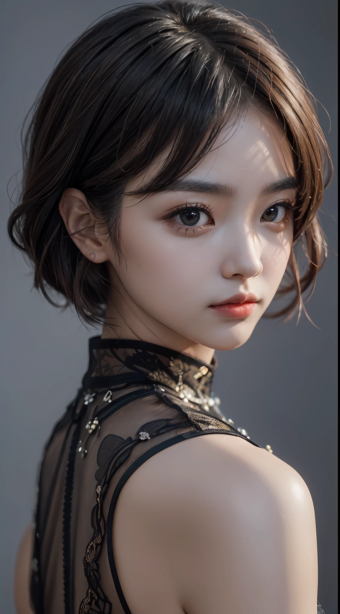 1girl in, (((shorth hair))), qipao dress,(masterpiece, top-quality, Near and far law, depth of fields:1.5), beautiful countenance, 8K, Raw foto, nffsw, Photorealsitic, film grains, chromatic abberation, hight resolution, ultra-detailliert, finely detail, 动态照明, Dramatic Lighting、shadowy、extremely detailed eye and face、Round pupils、Realistic pupils、clean back ground