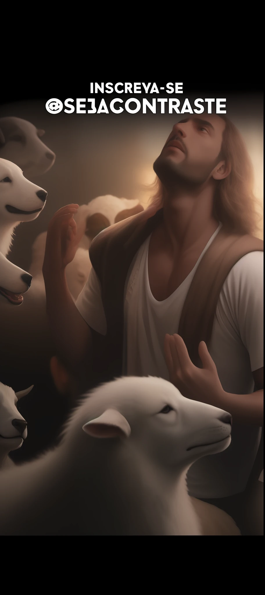 Image of a man surrounded by dogs and sheep, Jesus segurando um gato bonito, Directed by: Raphaël Collin, Directed by: Adam Marczyński, Directed by: Micha Klein, Directed by: Matija Jama, Culto ao Cordeiro, Directed by: Laszlo Balogh, dog as a god, Directed by: Jan Tengnagel, ainda de um filme live action