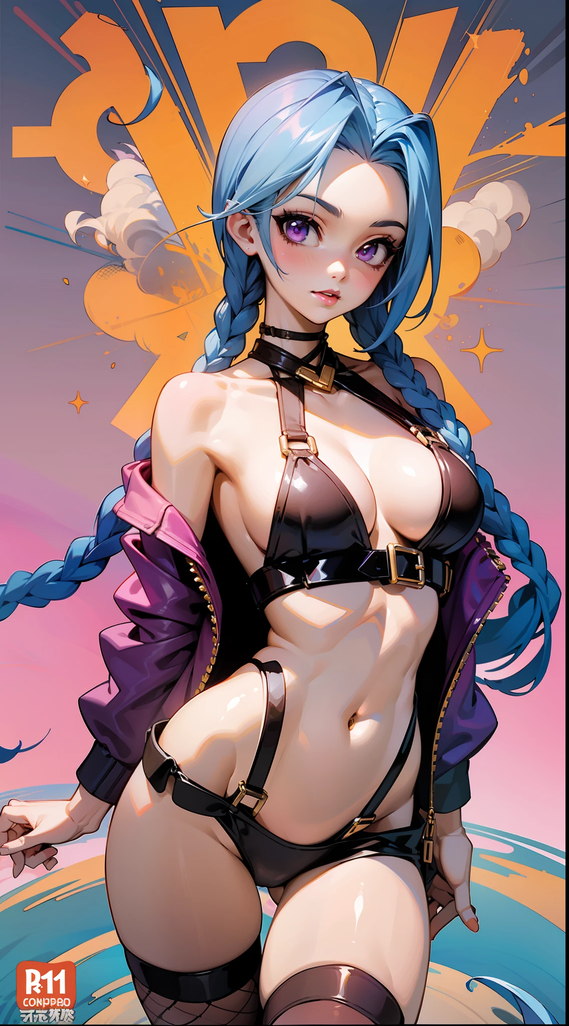 Jinx,Solid pink premium comic background,Slim figure,having fun,Mesh garment,Chest open,Exposing the abdomen,Cocked buttocks,Fleshy thighs,Purple shawl,Masterpiece,Brilliant sunshine,Ocean Garden,suspender stockings,Above the sky,Comic cover style,Comic title,tmasterpiece, High- sharpness, high high quality, 详细的脸, detailed body render, 1girll, 独奏,,big cleavage breasts, sleeveless shirts, Fishing net clothing, Dark lips, Unzipped jacket, no brassiere, breasts out,,
