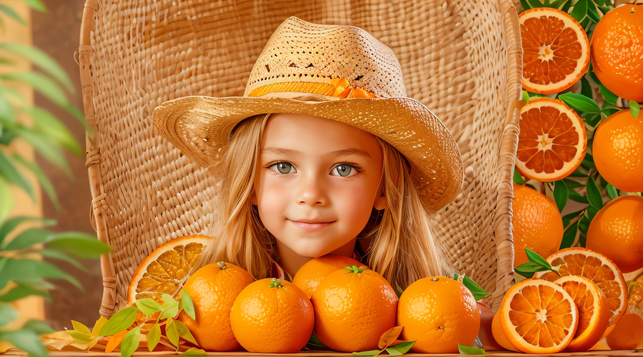 Russian child girl,e up, PORTRAIT, with long blonde hair, in a cowboy hat, many oranges with leaves on them on a table, oranges, extremely coherent orange, orange skin, orange and orange slices, orange colors, orange color, orange backgorund orange, orange, orange slices, vibrant orange, orange background, an orange, orange colors, very orange, orange theme, orange minerals, in front of an orange background, orange plants