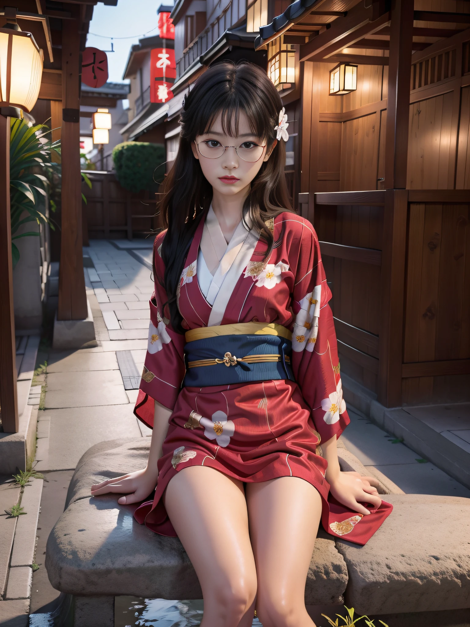 Alafi in kimono sitting on a bench at a bus stop,Snapshots, traditional japanese, in a kimono, Red kimono, japanese kimono, red kimono with flower patterns, Wearing kimono, A Japanese style, A Japanese Lady, Wearing a kimono, classy yukata clothing, bath robe,Street,Under the streetlight,Streetlight, Black Long Hair, in a kimono, Komono, Japanese Models, wearing royal kimono, ,Thin leg,skinny thigh,goddess of Japan,Small breasts glasses,