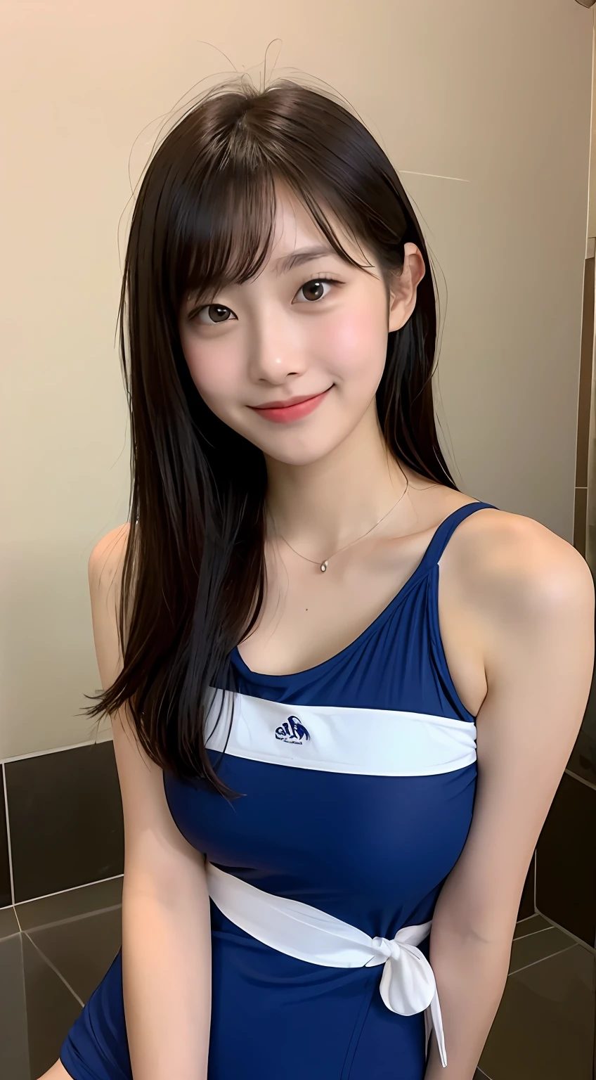 Highly detailed 8K wallpapers),tack sharp focus,A detailed,dramatics,15year old,delicate beautiful schoolgirl,Pure white shirt,tiese,dark blue pleated micro mini,Medium-breasted,Three-point swimsuit,Pink underwear,Raised sexy,ssmile,peeping at the viewer,The graphics are beautiful,Bright bath,There are swimsuit beauties everywhere,sitted,