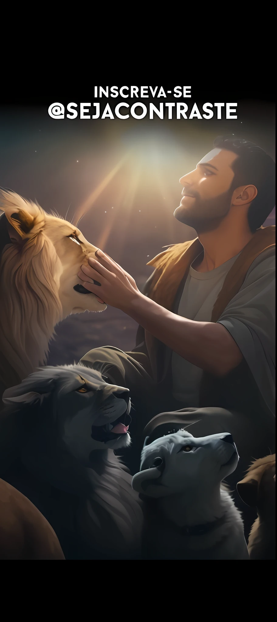 There is a man who is petting a dog in the dark, ainda de um filme live action, Jesus segurando um gato bonito, deus dos gatos, cena do filme live action, dog as a god, the man riding is on the lion, Comercial de TV, O melhor no Adobe Stock, biblical epic movie, Aslan the Lion, Rei dos Reis, Obra-prima da luz brilhante