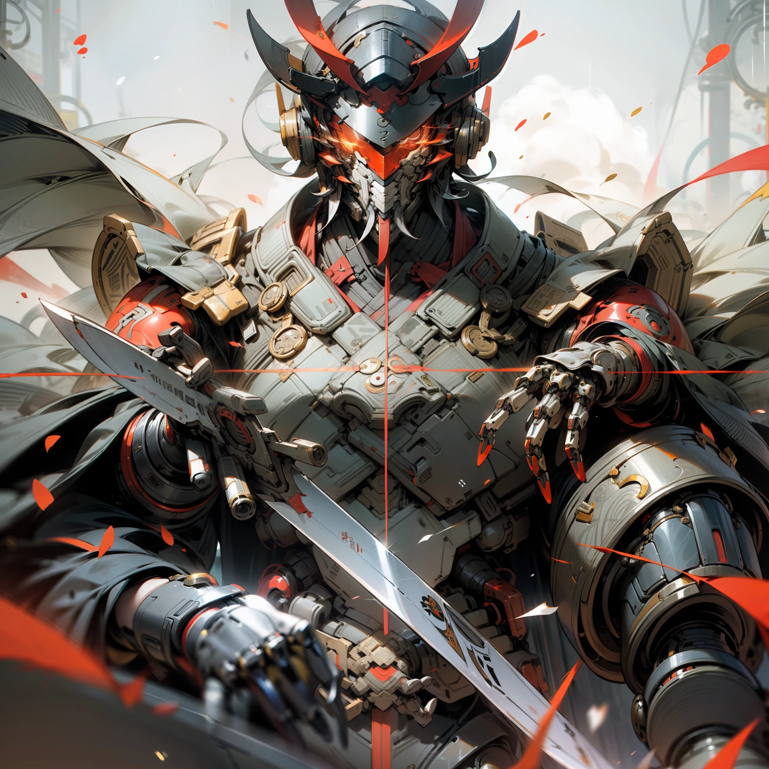 (Background of the Three Kingdoms Theme,Cao Cao,Male characters, sword, Red Robot, Futuristic style)，Mainly red elements，Emphasize good muscle lines，Thoughtful perspective，Decisive gestures and expressions。Apply more shadows and lighting effects to highlight the three-dimensional sense of the character，A way to add a futuristic expression。