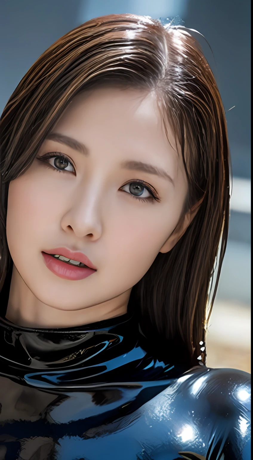 (Top Quality, 4k, Masterpiece: 1.3), Japan Woman, 1 Girl, Sexy: 1.1, Dark Brown Hair: 1.1, (Wet Body: 1.3), Glossy, Latex, Wetsuit, Ultra Detailed Face, Detailed Lips, Detailed Eyes, Red Lipstick, Open Mouth