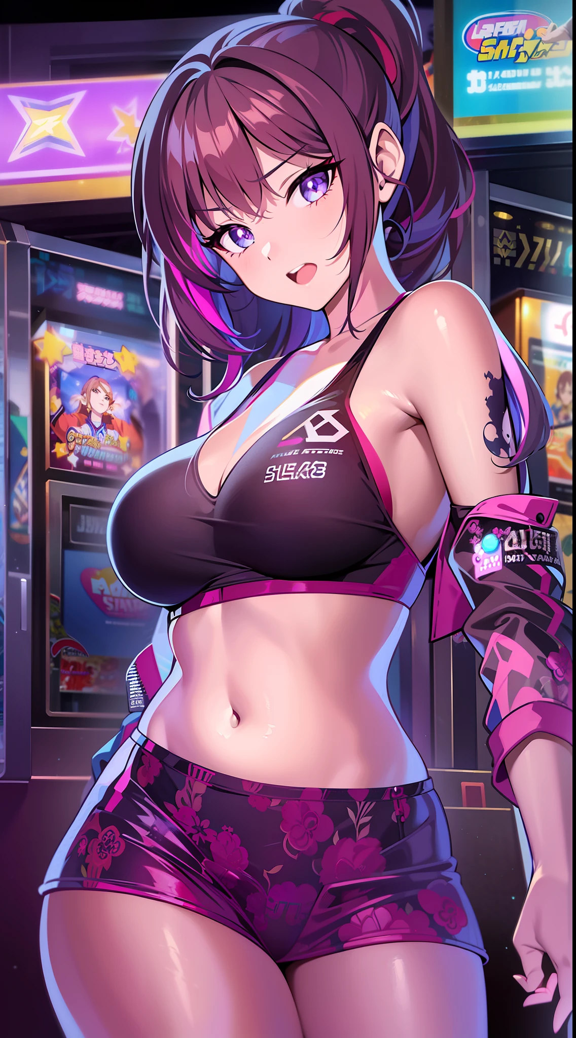 Masterpiece)), best quality, absurderes, ultra detailed, holographic, cowboy shot, golden ratio, super cute girl, mature girl, idol girl, super beautiful asian girl with very beautiful violet glowing eyes, beautiful glowing brown multicolored hair, high ponytail, nice and sexy body, slim body, perfect body, wearing a super tight anime printed leotard, an anime printed super tight off shoulder long sleeve crop top, a super aesthetic transparent mini jacket, beautiful hair ornament, pink jordan tennis, playing with her handsome otaku skinny boyfriend, with black messy glowing hair, in the arcade games
