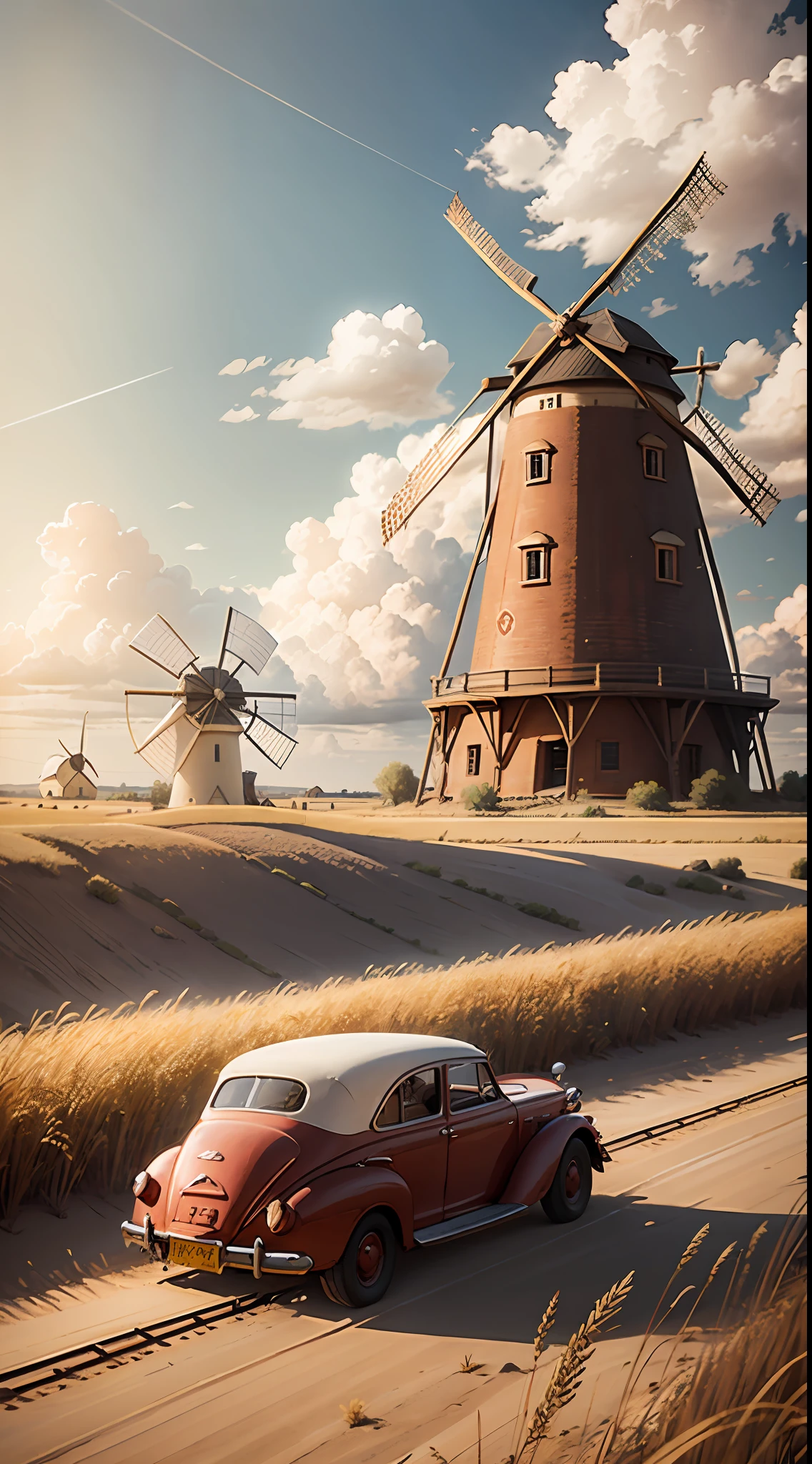 "Vintage red car driving along a dusty dirt road through a golden wheat field with an old windmill in the background, under a sunny sky with fluffy clouds."