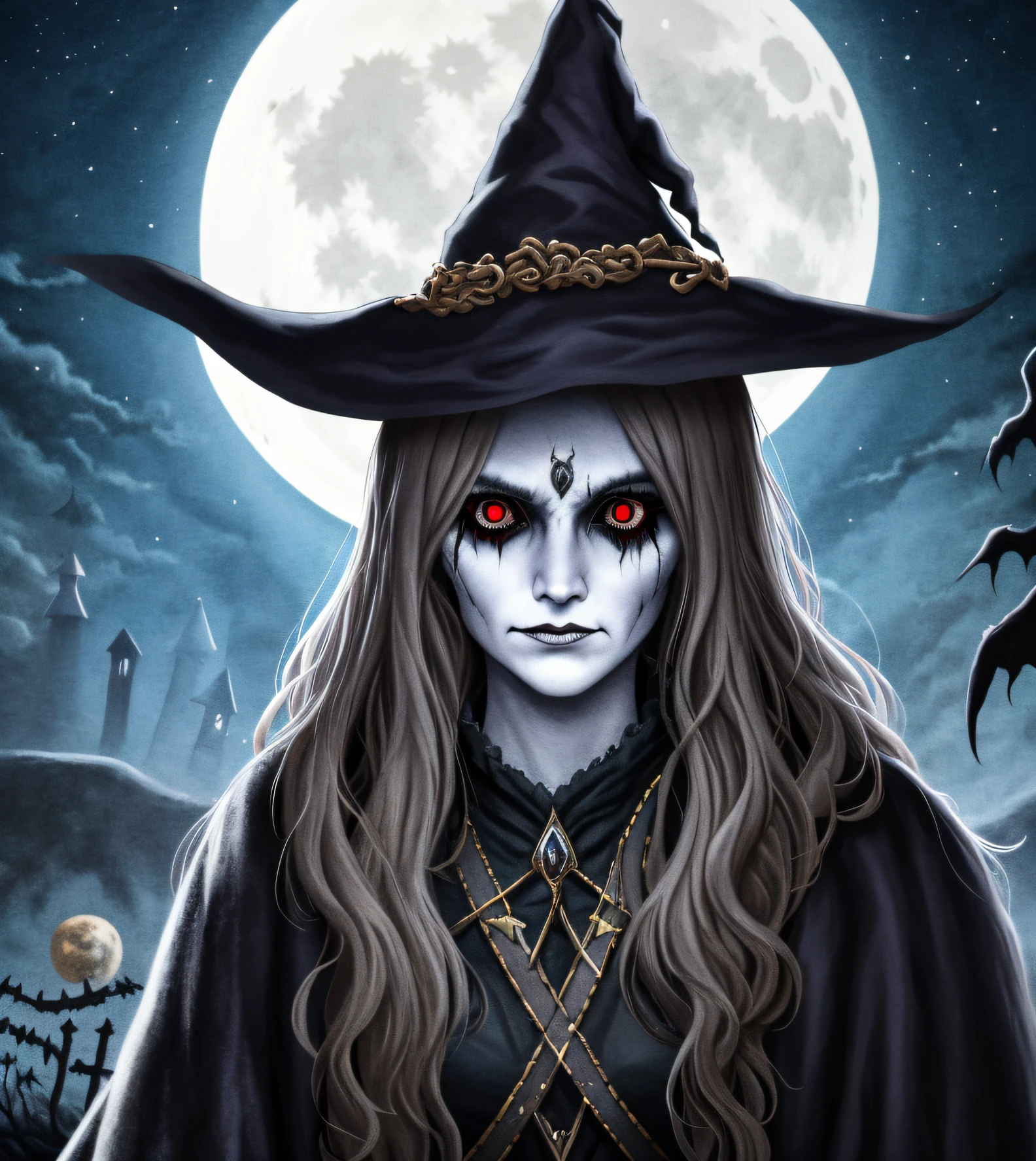 highres, best quality, concept art, official art, portrait, A witch in front of a full moon, Halloween, digital painting, horror, dark, spooky, moody, artstation, pixiv, by Ekaterina Savic and Barret Frymire