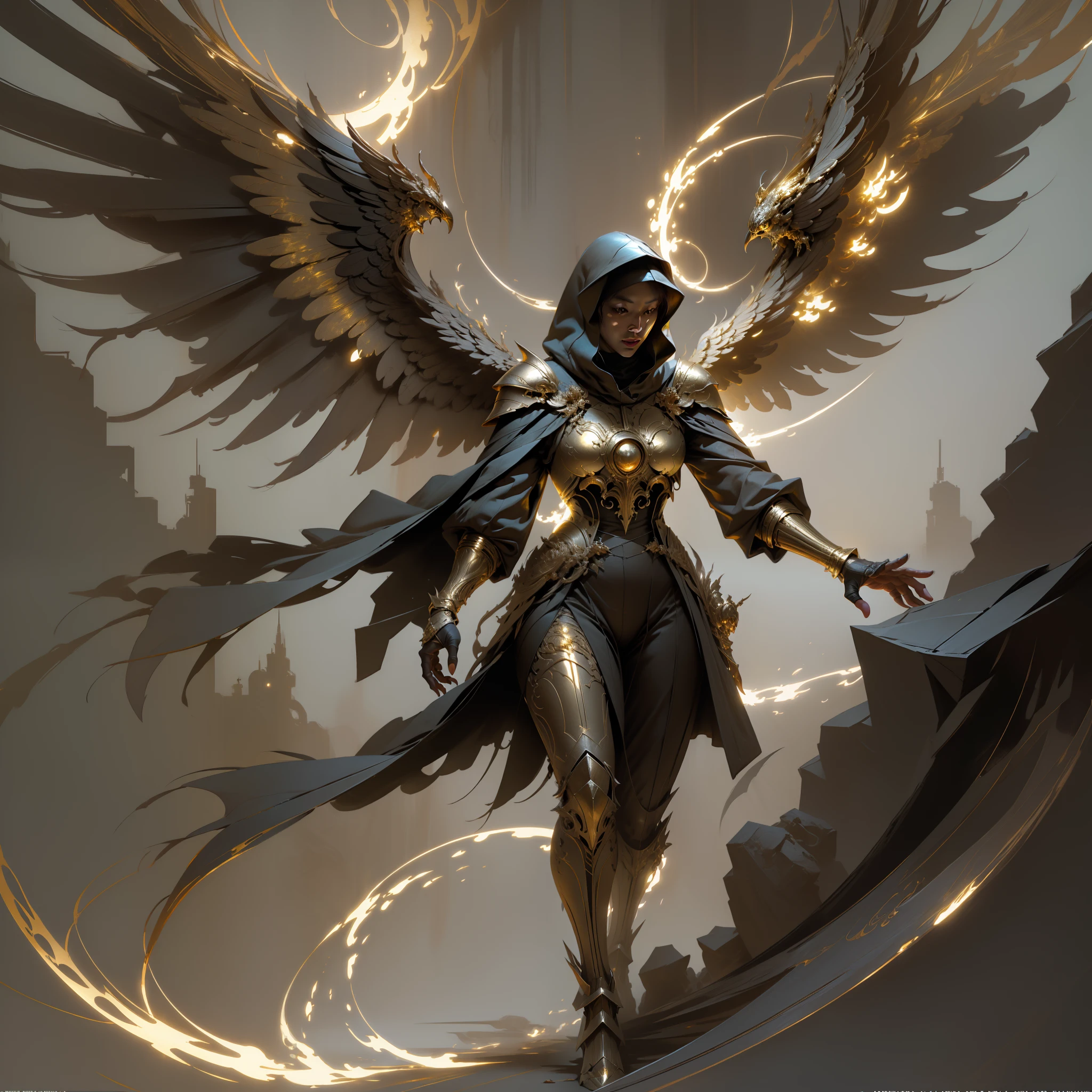 Golden armored angel, wings made of energy, metal halo, no face, hooded, gold, fantasy, concept art, ultra realistic, character art by greg rutkowski