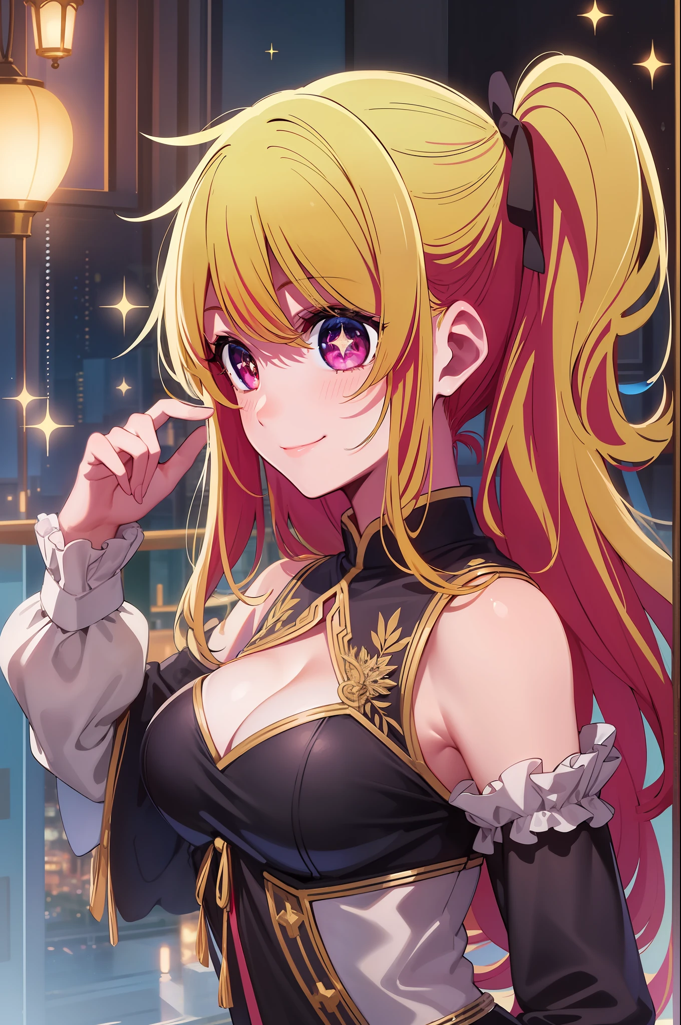 1girl in, 独奏, Hoshino Ruby, symbol-shaped pupils, Left star-shaped pupil, sparkly eyes, (Left star), red eyes, blonde hair, side poneyTail, A smile, Hi-Res, top-quality, masterpiece、Idol costumes