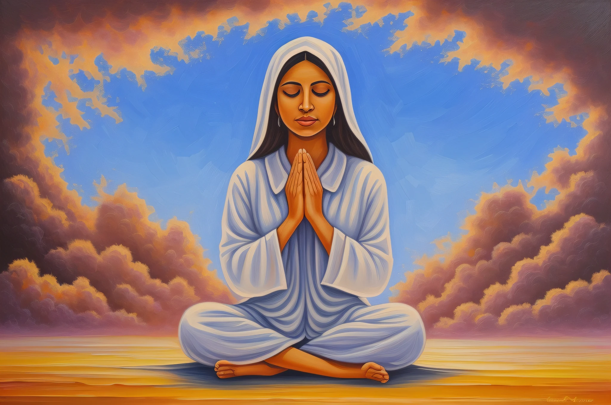 a person with hands clasped in prayer, A blue sky with clouds, a bright light radiating from the sky, Use suave, cores suaves para transmitir uma paz, Spiritual Atmosphere Oil Painting