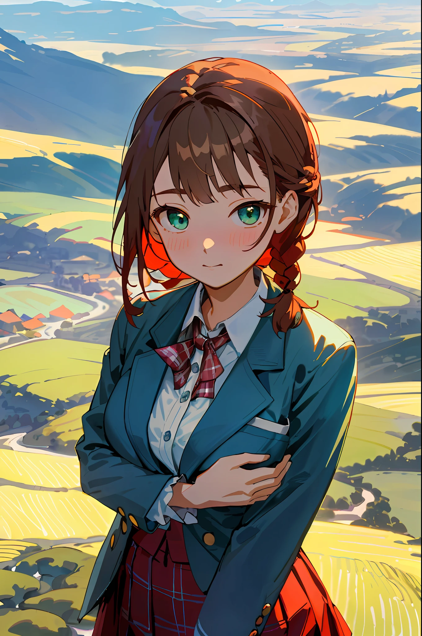 top-quality、masterpiece、Top image quality、Advanced settings、A Japanese Lady、Shy look、Blushing、Emerald green eyes、long brown hair、Braids、Braiding、((Dark blue blazer))、((white shirt、You can see the valley))、((Red checked flared skirt))、big red ribbon、Colossal tits、Hide the chest with your own hands、((Squeeze your chest))、masterpiece、top-quality、ighly detailed、Very realistic eyes、masterpiece、top-quality、ighly detailed、1girl in、From above、Emphasize the valley