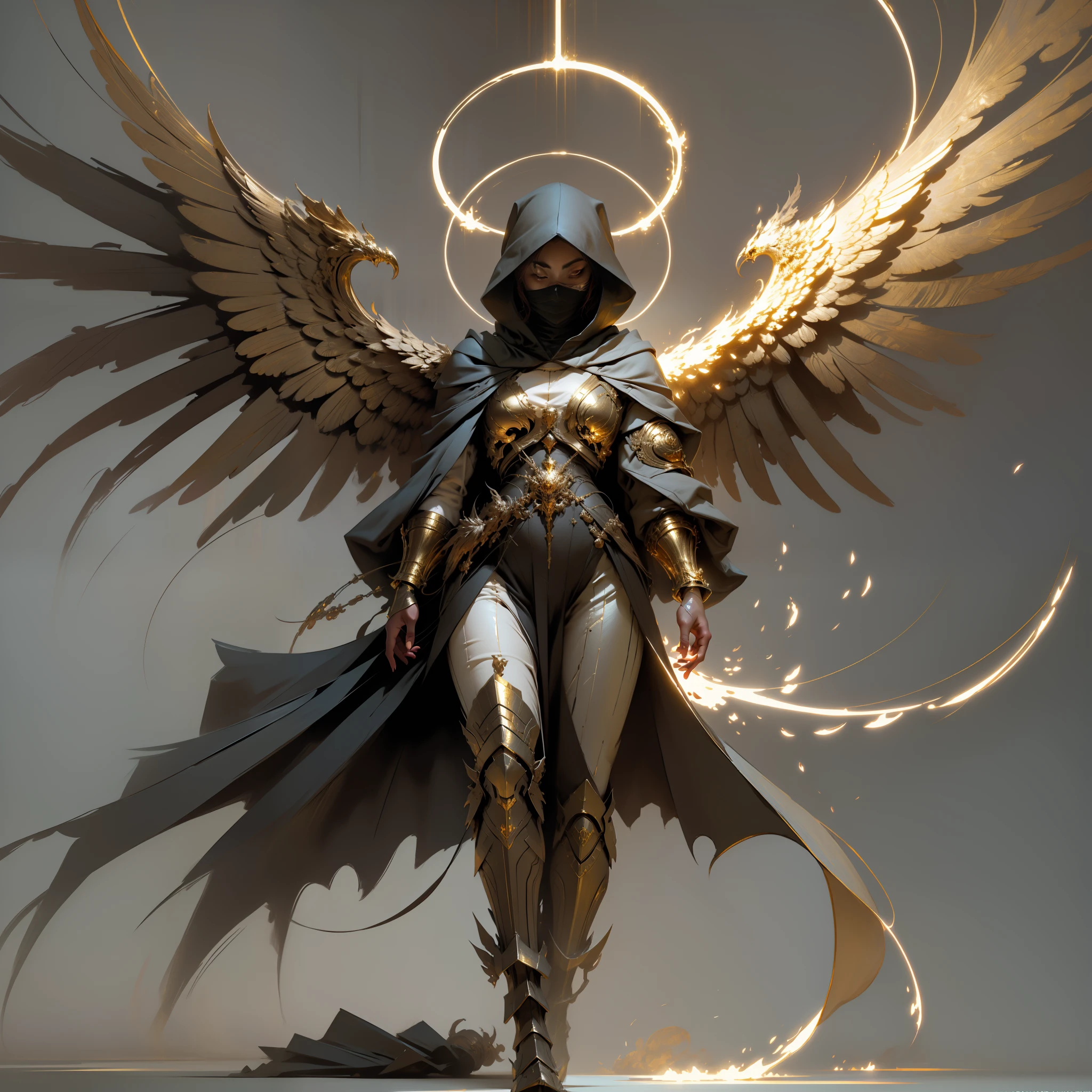 Golden armored angel, wings made of energy, metal halo, no face, hooded, gold, fantasy, concept art, ultra realistic, character art by greg rutkowski