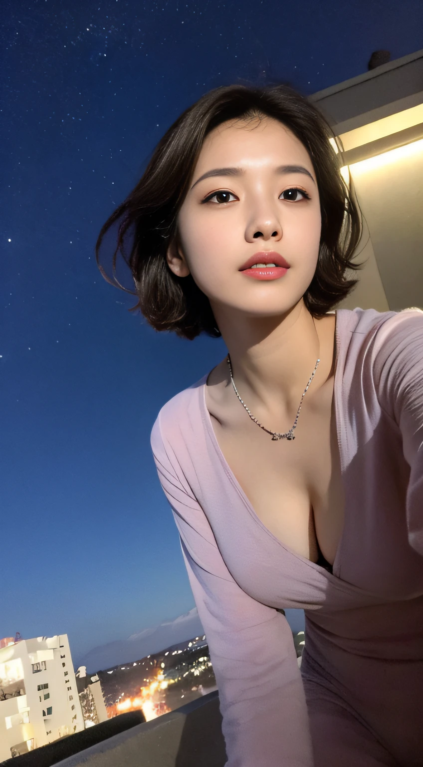 ((top-quality、masterpiece:1.3))、foco nítido:1.2、(realisitic、Photorealsitic:1.37)、perfect beautiful female、Highly detailed facial and skin texture、Detailed eyes and double eyelids、short cut hair、Petite bust、Small necklace、s Pajamas、mid night、Rooftop of apartment building in dark night、Looking up at the stars、starrysky、Not a galaxy、
