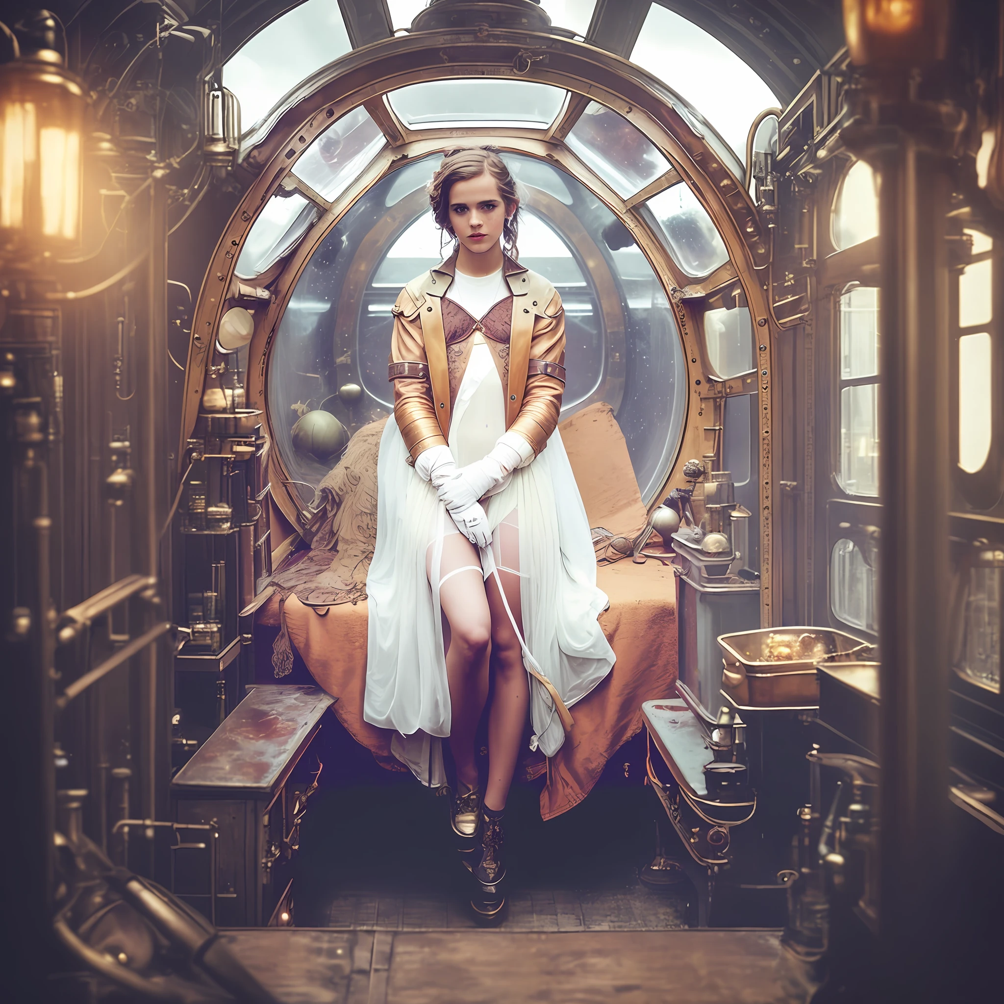 Woman sitting on bed in steam room, magic and steam - punk inspired, steampunk aesthetic, Dystopian retro atmosphere of the 1920s, Golden Steampunk, sci-fi steampunk, Carole Buck from nun Emma Watson, inspired victorian sci - fi, dieselpunk look, a steampunk beautiful goddess, steam punk style, steampunk style, steampunk fantasy style