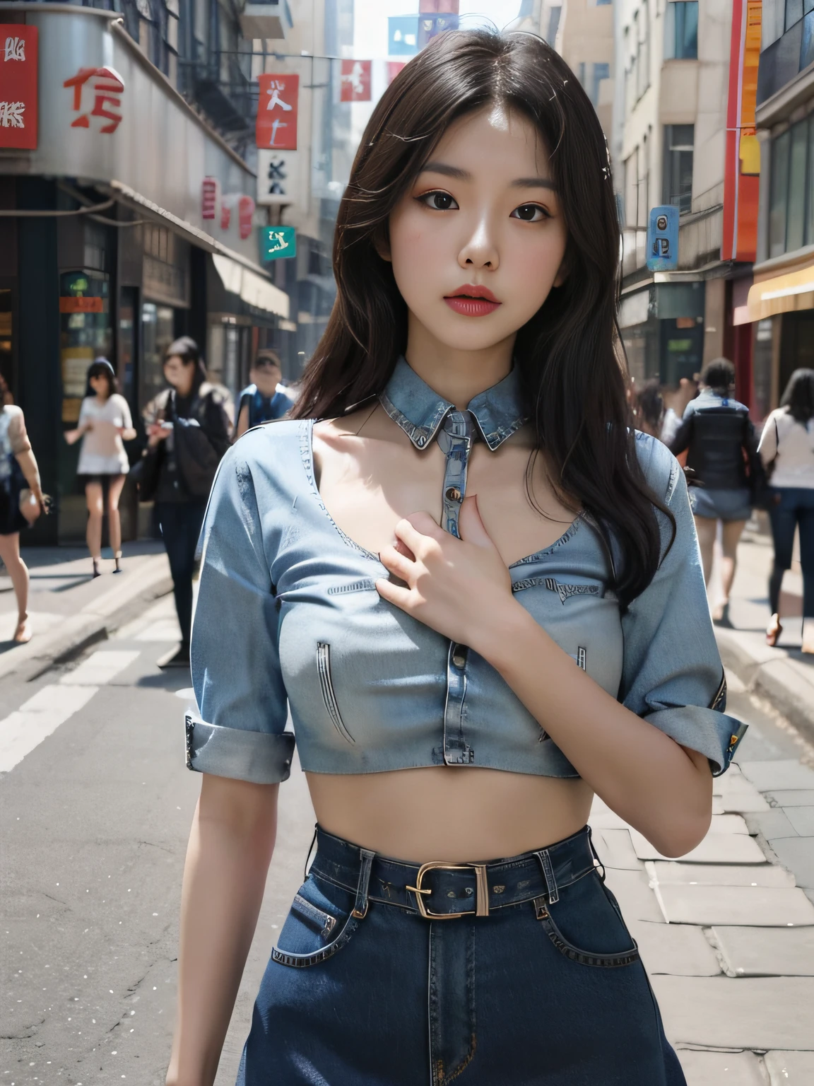 1girl,独奏,Open your lips, (Midgastric),(Hosiery)Denim skirt, the street,hand on her own chest,looking at viewert,Realistis,(full bodyesbian:1.5)