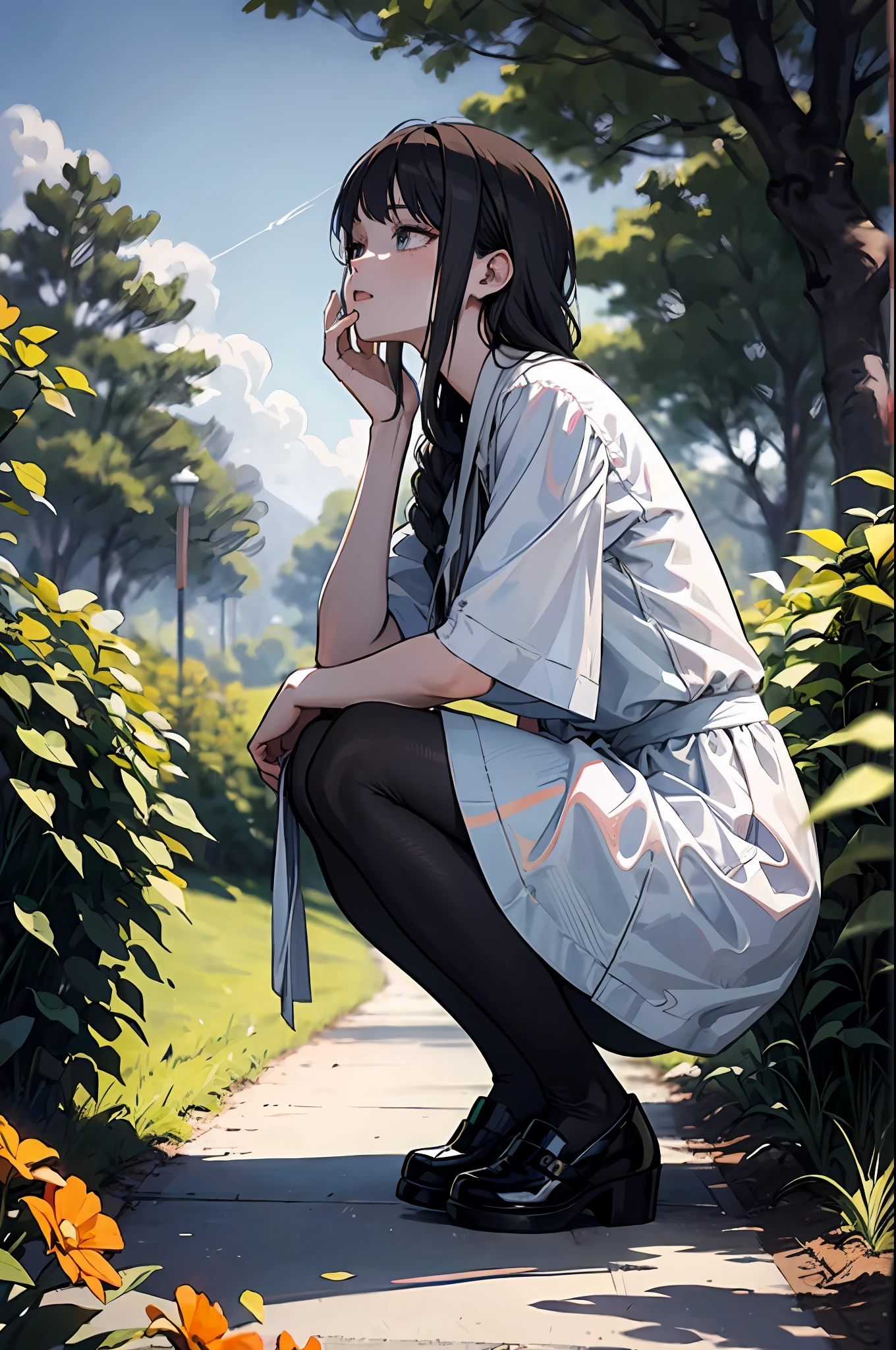 Beautiful illustration depicting a scene of a black-haired priestess crouching in a park、Include a representation of hair showing part of gray hair。Panchira