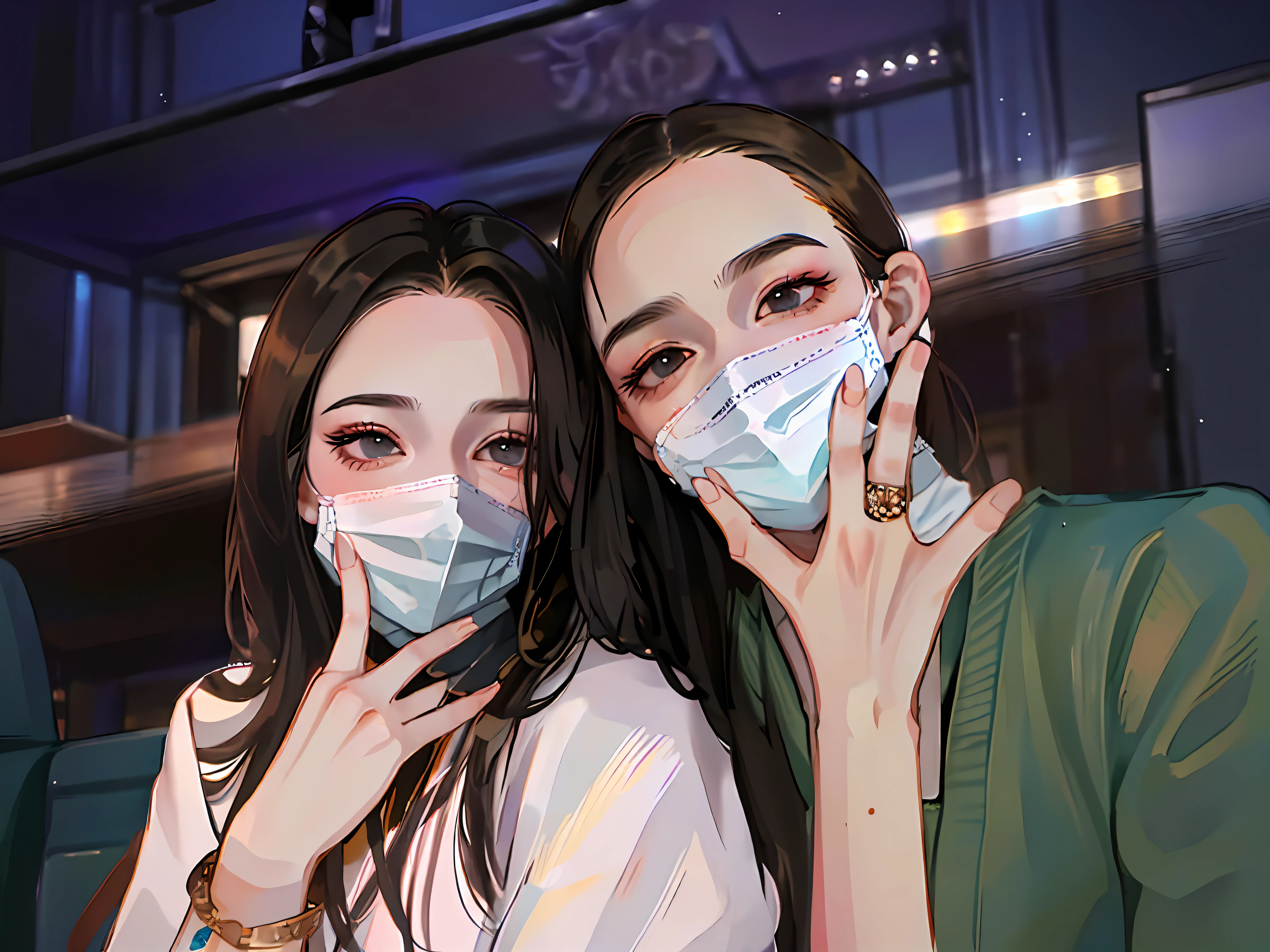 Two women wearing masks pose for a group photo at the theater, from china, wearing face mask, 8K selfie photos, wearing face mask, 8K)