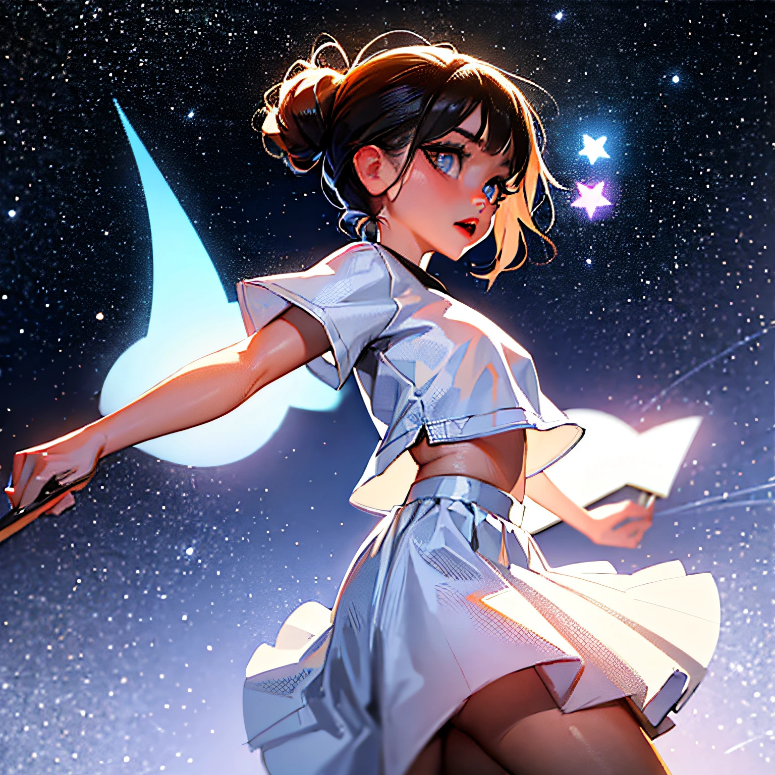 s girl,whiteskirt,folding fan,largeeyes,starrysky,Pure,tmasterpiece,looking at the stars,Starlight reflected in the eyes