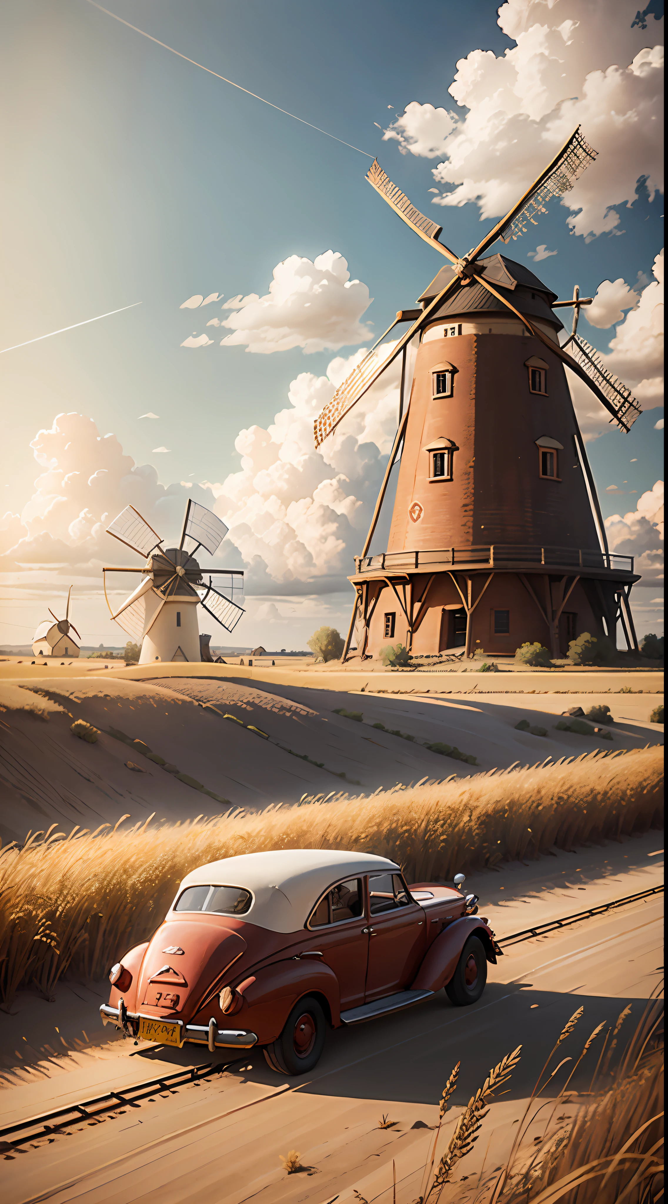 "Vintage red car driving along a dusty dirt road through a golden wheat field with an old windmill in the background, under a sunny sky with fluffy clouds."