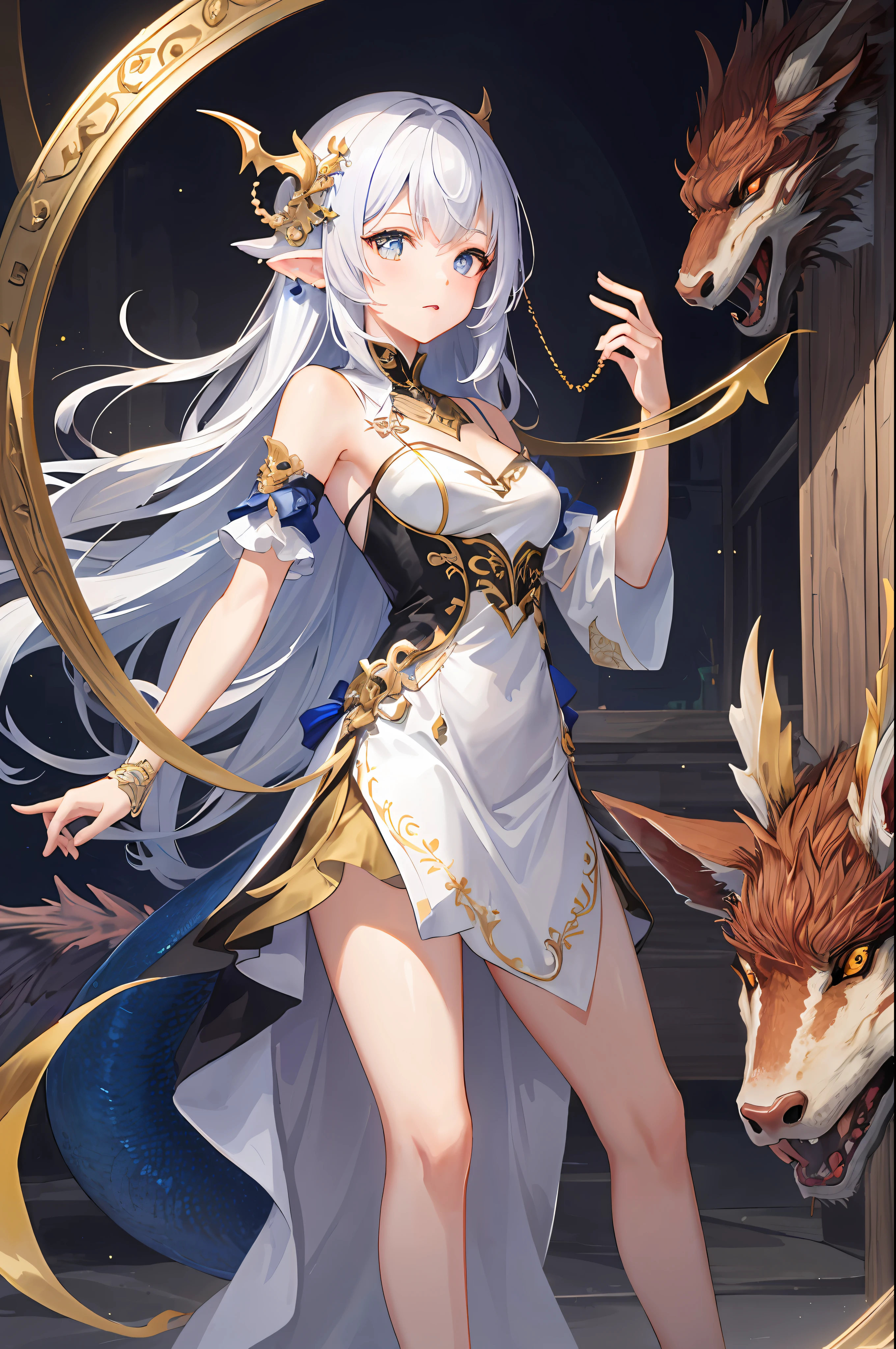 tmasterpiece，Need，absurderes，perfectanatomy，standing on your feet，1girl，独奏，arm tattoos，Bare shoulders，无袖，shift dresses，dragon girl，Dragon's horn，jewely，coda，Hands playing with the