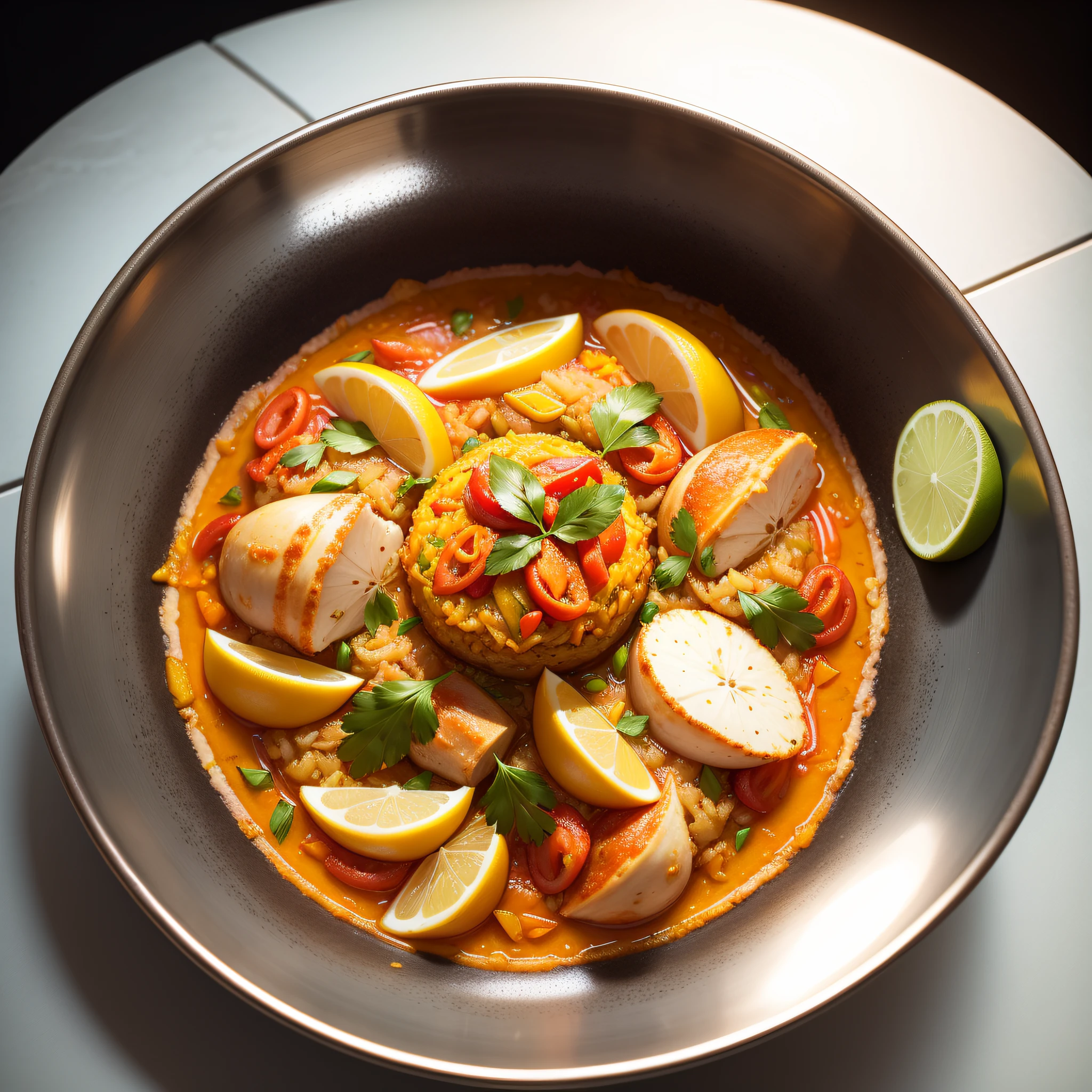 Paella valencianade marisco en una vasija de barro en primer plano, calidad gourmet