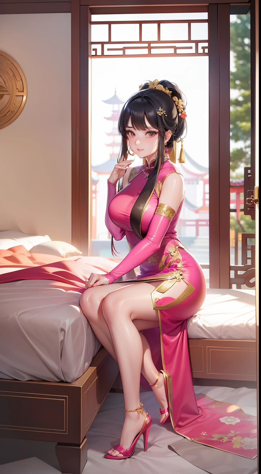 Superior quality, Masterpiece, 超高分辨率, (Photorealistic: 1.4), RAW photo, Deep shadows ,Girl, Dynamic pose, Black hair, Dark eyes, bangs, Perfect body, Sitting, Leg up, Bedroom, motel bed，Large breasts, Pink hair, upper legs, white thighhighs, Pink clothes, Long legs, No bra, High heel, Pink eyes, Heart eyes, Bare_hindquarters, bangs, areola of breast, Chinese dress, Fat ass, hair tying, Looking_at_peeping at the viewer, Arms_Behind_Head, Blush, Sleeveless_dress, Long hair, cosplay,Fantastic，The back of the hand is behind the back，Broad lighting，Glossy Clothes,Chinese-style architecture，China-style，gazebo，Lace，Quaint，Tight cheongsam，Long cheongsam，Chinese style cheongsam，on cheongsam，Gold ornaments，(Elbow gloves:1.0),(Silk gloves:1.0)， Chinese dress, Fat ass, hair tying, Looking_at_peeping at the viewer, Arms_Behind_Head, Blush, Latex cheongsam, Long hair, cosplay,Fantastic，The back of the hand is behind the back，Hands up behind your head，Broad lighting，Glossy Clothes,Chinese-style architecture，(Tight cheongsam:1.0)，Chinese style cheongsam，on cheongsam，Gold ornaments，Over the sleeves,(on cheongsam:1.0),(Put your hands behind your head:1.0),Facing the viewer,Beds,high-heels,(stocklings:1.3),Lace wreath on the legs,bangle,eardrop,choker necklace,jewelery,Ribbons,lace-trim,Heavy makeup,long whitr hair,High ponytail,hair straight,Princess cut,Be red in the face,Seductive smiles，Qi bangs，latex，(Black gloves:1.0)，perfect bodies