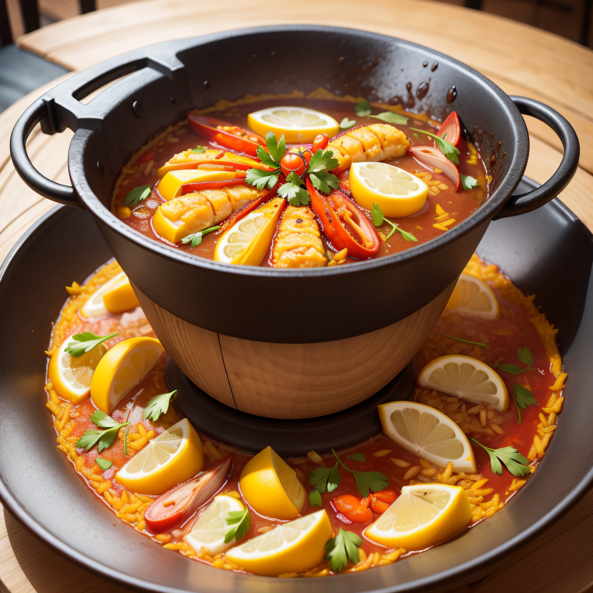 Paella valencianade marisco en una vasija de barro en primer plano, calidad gourmet
