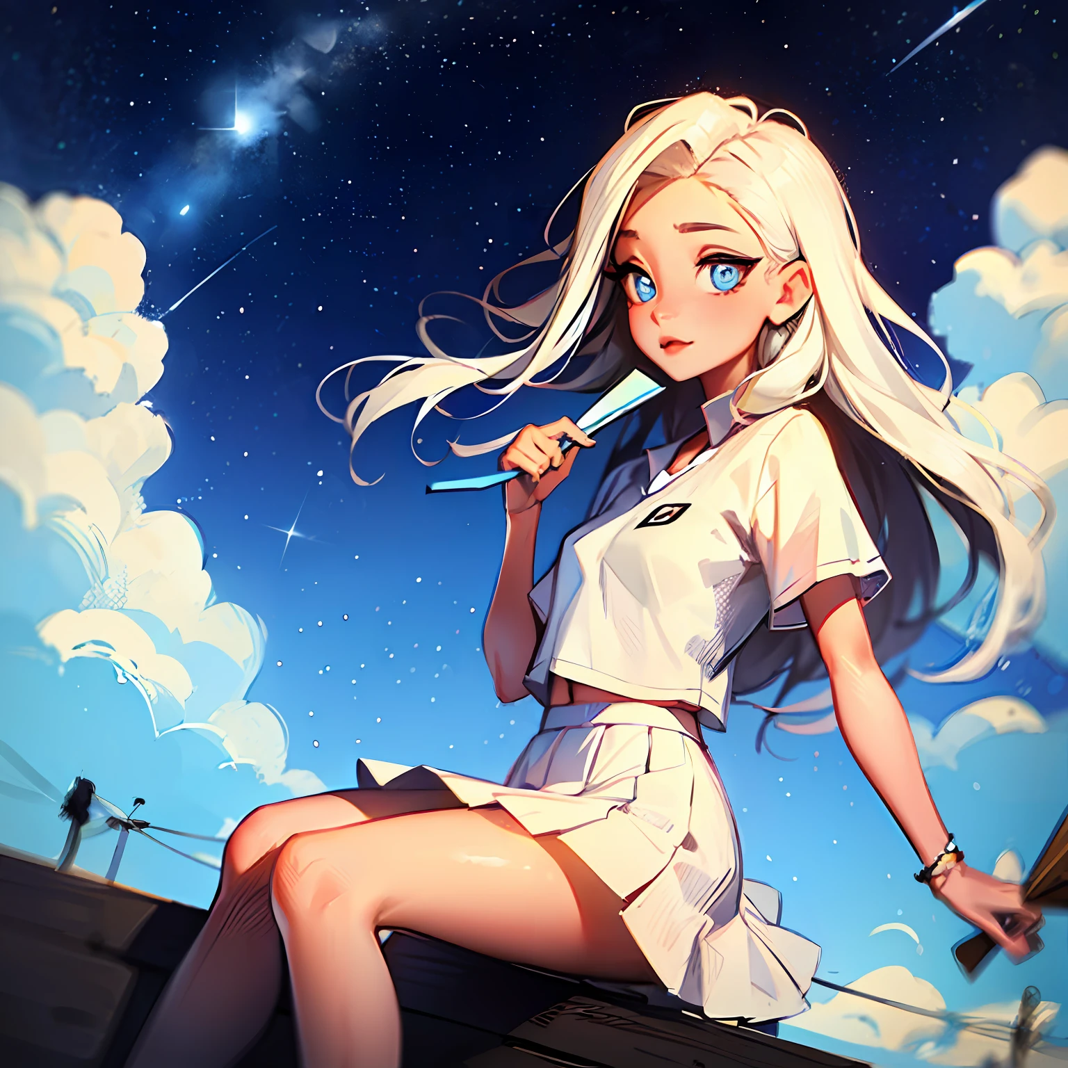 teens girl，whiteskirt，folding fan，largeeyes，starrysky，Pure，tmasterpiece，looking at the stars，Starlight reflected in the eyes