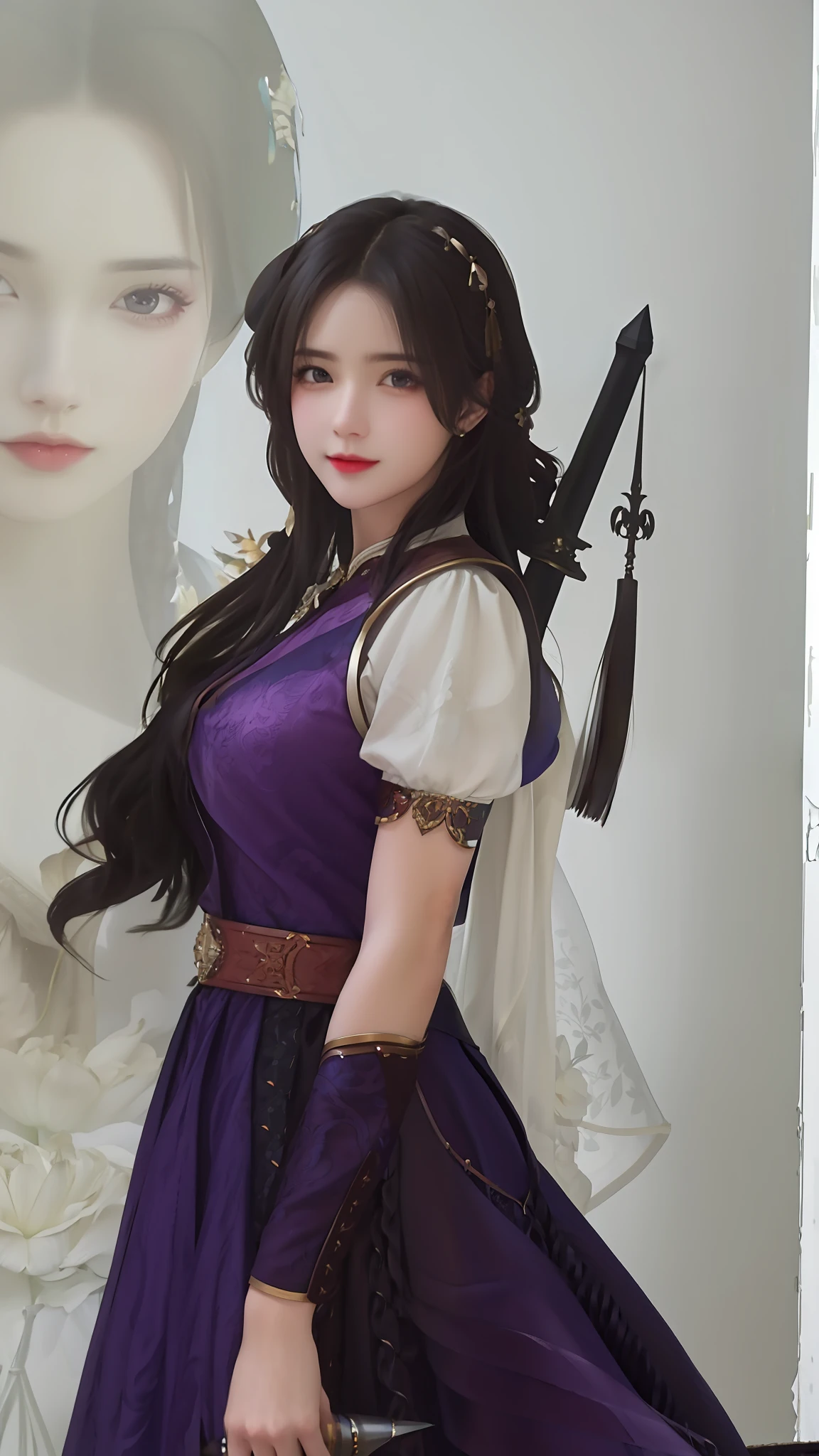 carrying swords on his back,Royal sister,big breasts beautiful,brunette color hair,offcial art,Unity 8k壁纸,ultra - detailed,Aesthetics,tmasterpiece,best qualtiy,realisticlying,illuminating,Frankness,photore,A high resolution,4k,8k