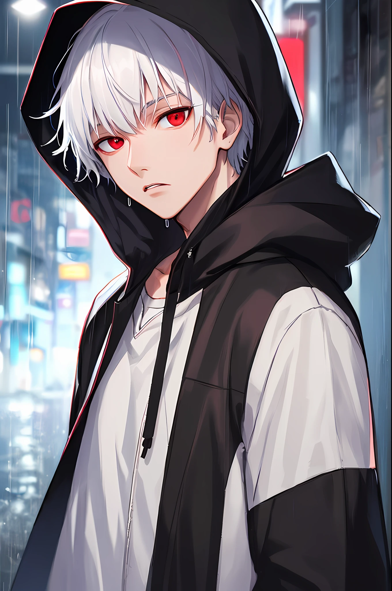 kk, best quality, more details, masterpiece, 1boy, kaneki ken, portrait, male focus, red eyes, solo, bangs, looking at viewer, hood, short hair, rain, tokyo tokyo \(city\),  hood up, nail polish, white hair, luxurious, 8k, detailed, ray tracing, depth of field, cinematic lighting,