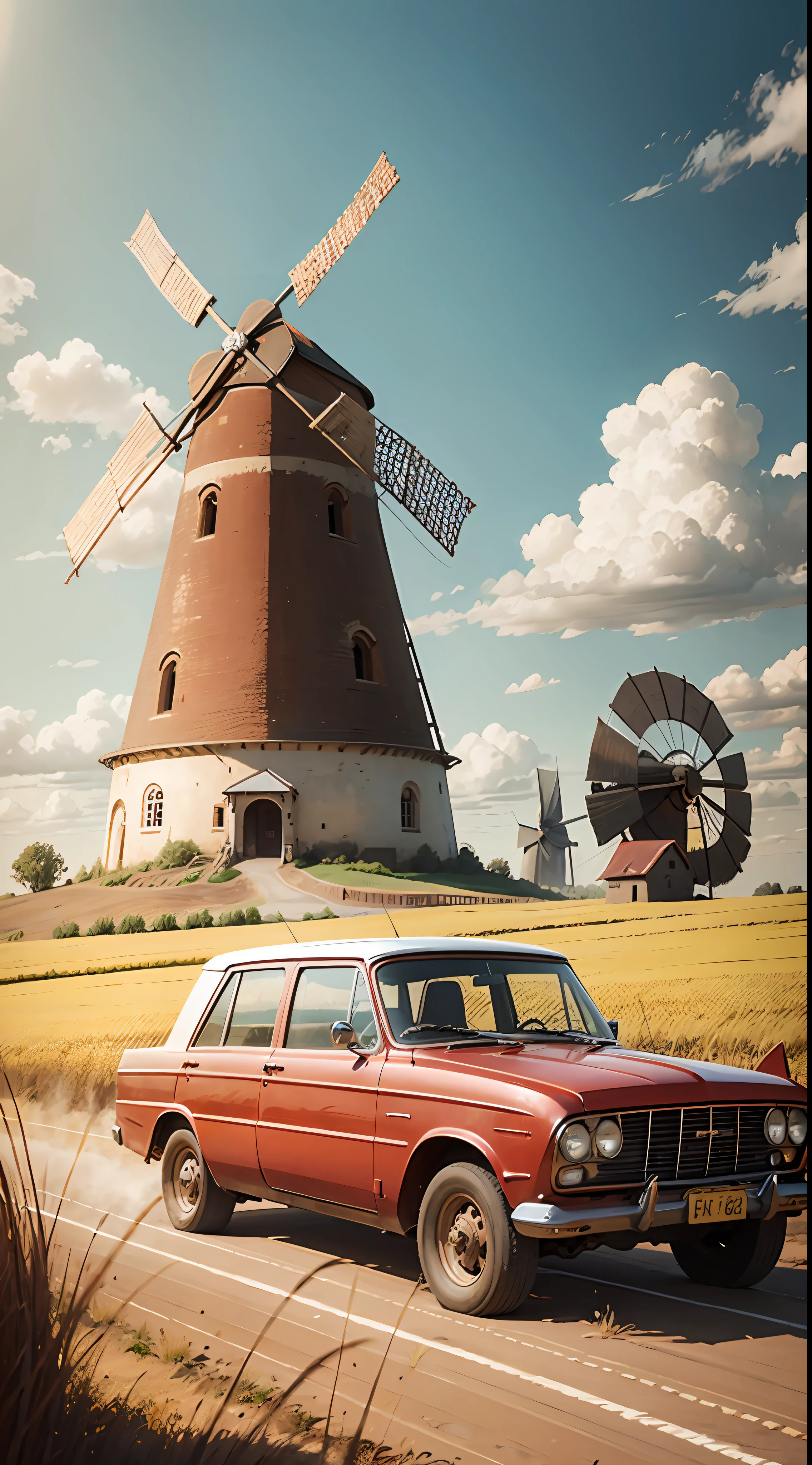 "Vintage red car driving along a dusty dirt road through a golden wheat field with an old windmill in the background, under a sunny sky with fluffy clouds."