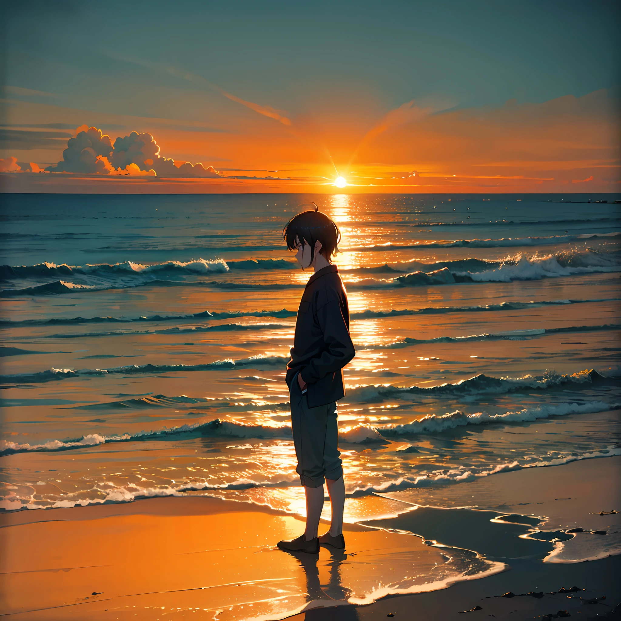 the setting sun，the sea，Melancholic man，Looking into the distance，Miyazaki animation style，a warm color palette --auto