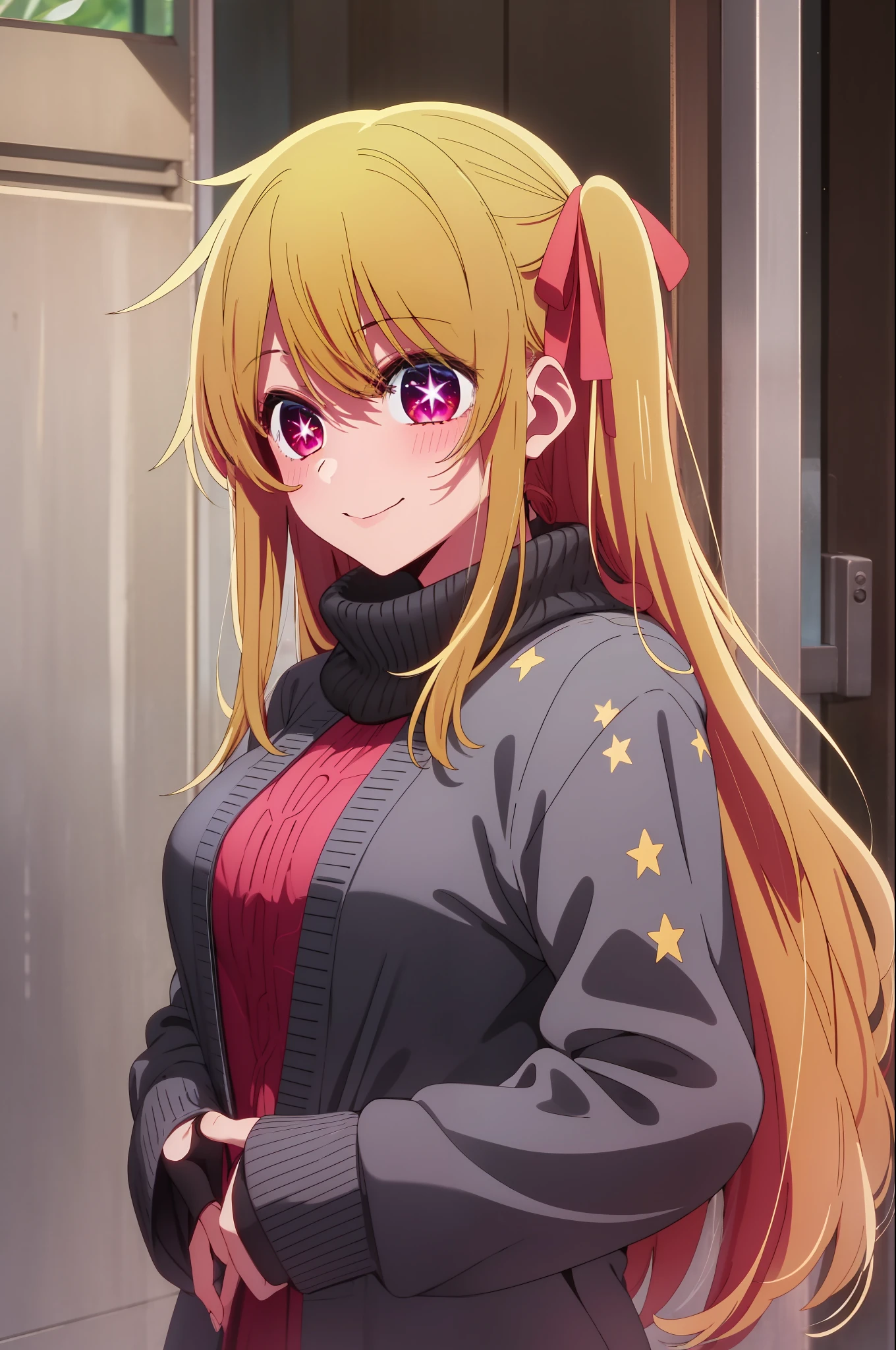 1girl in, 独奏, Hoshino Ruby, symbol-shaped pupils, Left star-shaped pupil, sparkly eyes, (Left star), red eyes, blonde  hair, side poneyTail, A smile, Hi-Res, top-quality, ​masterpiece、Idol costumes