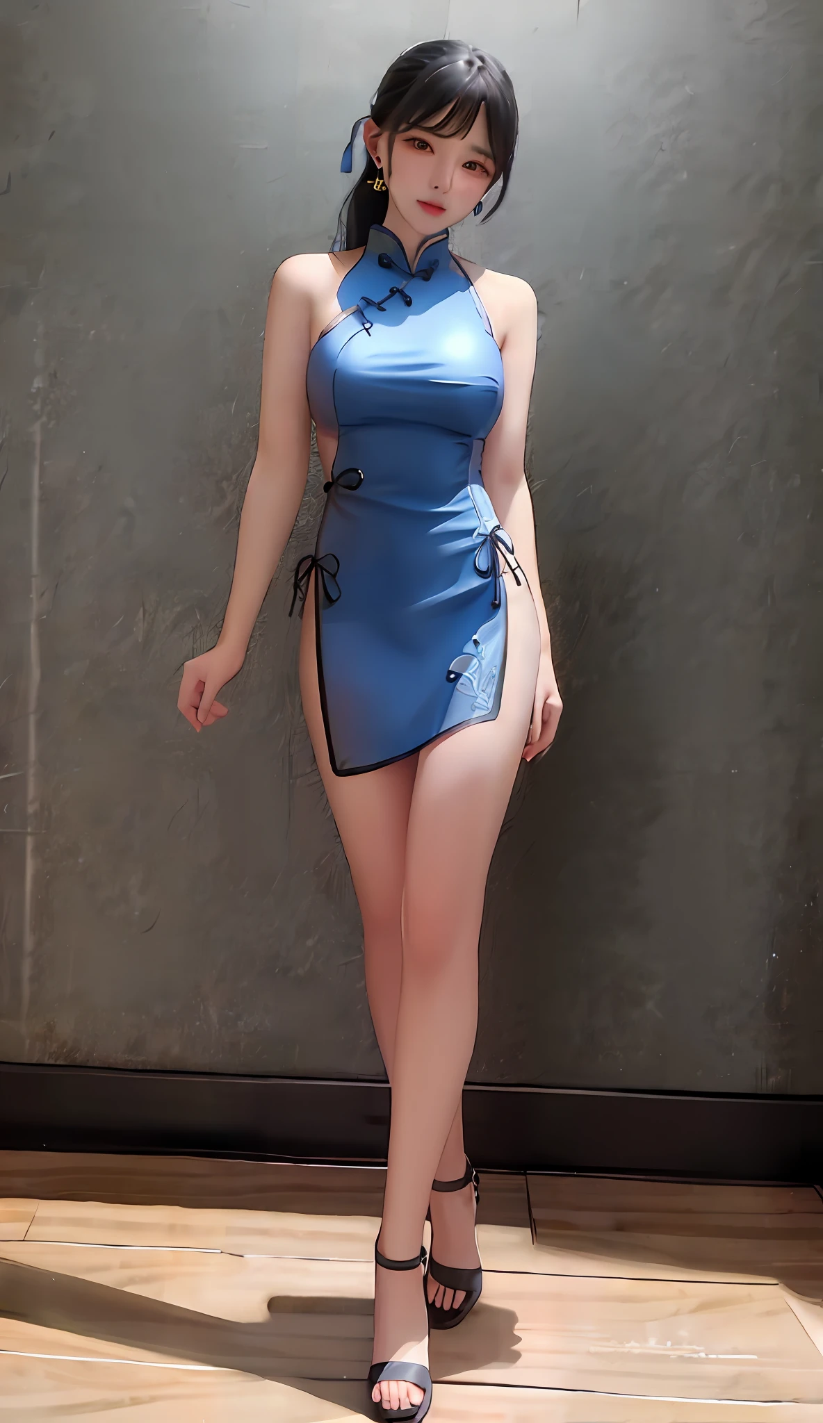 Full body photo of blue cheongsam woman