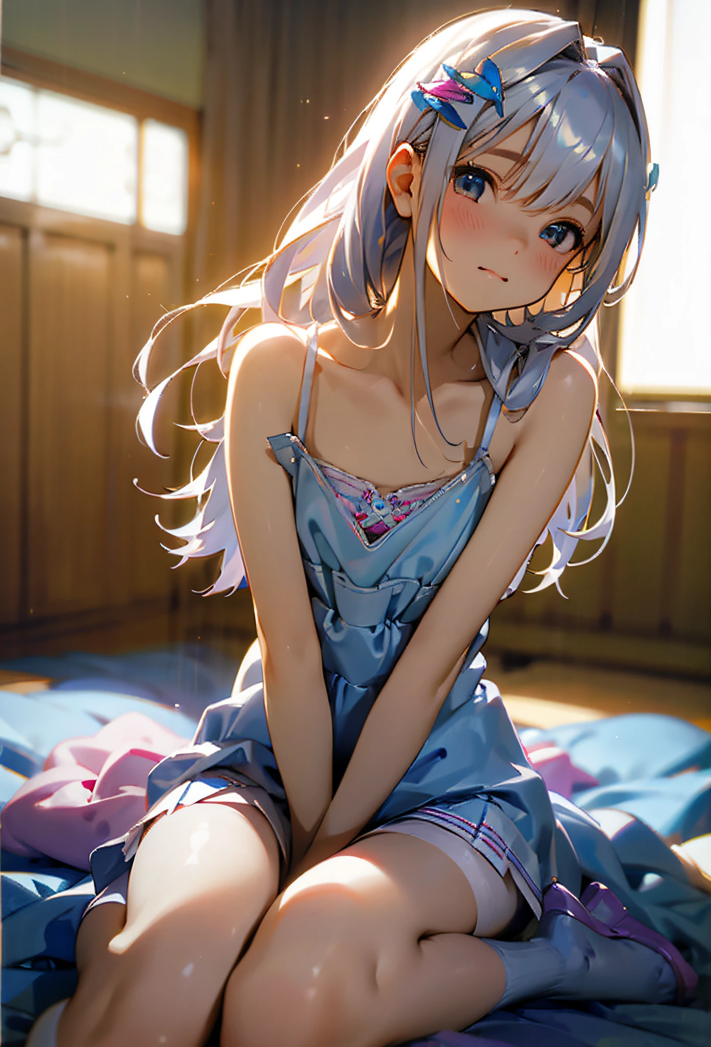 {{1girl in}},{{Solo}},{{Beautiful hair}},depth of fields, dream-like, Very beautiful girl, Vivid and cute, {{photoRealstic}}, Extreme detailing, Realistic movie lighting, Moderately highlighting, (NSFW:1.2), undergarment, soft smiling、Beautiful skins、((The cutest little face))、((unregulated))、Beautiful illustration、Sheer camisole、Unregulated best sexy、Very delicate hair ornament、young and slender body、Sparkling silver hair、compact head、Modest waist width、a miniskirt、Physical education sitting、White underwear、Compact underwear、embarrassed、teats