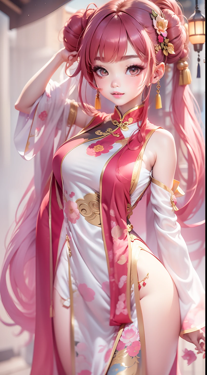 Large breasts, Pink hair, upper legs, white thighhighs, Pink clothes, Long legs, No bra, High heel, Pink eyes, Heart eyes, Bare_hindquarters, bangs, areola of breast, Chinese dress, Fat ass, hair tying, Looking_at_peeping at the viewer, Arms_Behind_Head, Blush, Sleeveless_dress, Long hair, cosplay,Fantastic，The back of the hand is behind the back，Broad lighting，Glossy Clothes,Chinese-style architecture，China-style，gazebo，Lace，Quaint，Tight cheongsam，Long cheongsam，Chinese style cheongsam，on cheongsam，Gold ornaments，(Elbow gloves:1.0),(Silk gloves:1.0)， Chinese dress, Fat ass, hair tying, Looking_at_peeping at the viewer, Arms_Behind_Head, Blush, Latex cheongsam, Long hair, cosplay,Fantastic，The back of the hand is behind the back，Hands up behind your head，Broad lighting，Glossy Clothes,Chinese-style architecture，(Tight cheongsam:1.0)，Chinese style cheongsam，on cheongsam，Gold ornaments，Over the sleeves,(on cheongsam:1.0),(Put your hands behind your head:1.0),Facing the viewer,Beds,high-heels,(stocklings:1.3),Lace wreath on the legs,bangle,eardrop,choker necklace,jewelery,Ribbons,lace-trim,Heavy makeup,long whitr hair,High ponytail,hair straight,Princess cut,Be red in the face,Seductive smiles，Qi bangs，latex，(Black gloves:1.0)，perfect bodies，fox ear，Qi bangs，multicolored hair,Arms up,(Open legs:1.0),curvy hip,spread_Legs,Kneeling，Pink cheongsam，Pink clothes， (Knees on the ground:1.0)，(Ass empty:1.0)，