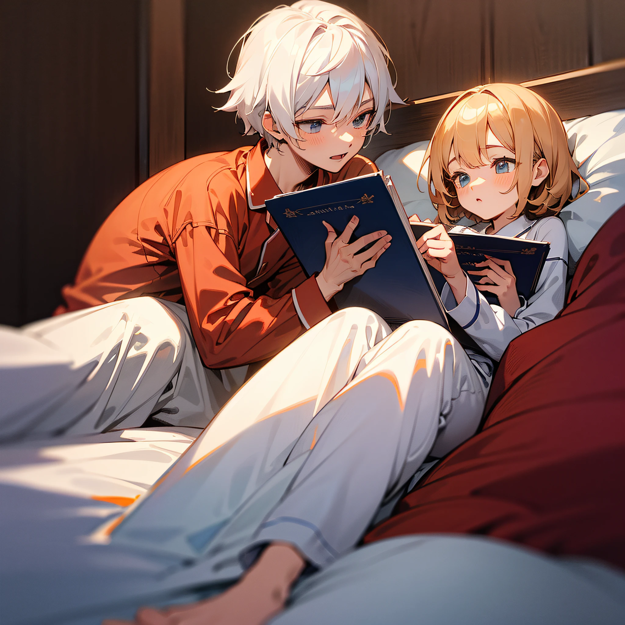 (Ultra-detailed background,detailedbackground)A high resolution,ultra - detailed,Extremely detailed in a high resolution,ultra - detailed,extremely detaile,Shota Niwi and his sister are reading manga while lying in bed at home in pajamas --auto