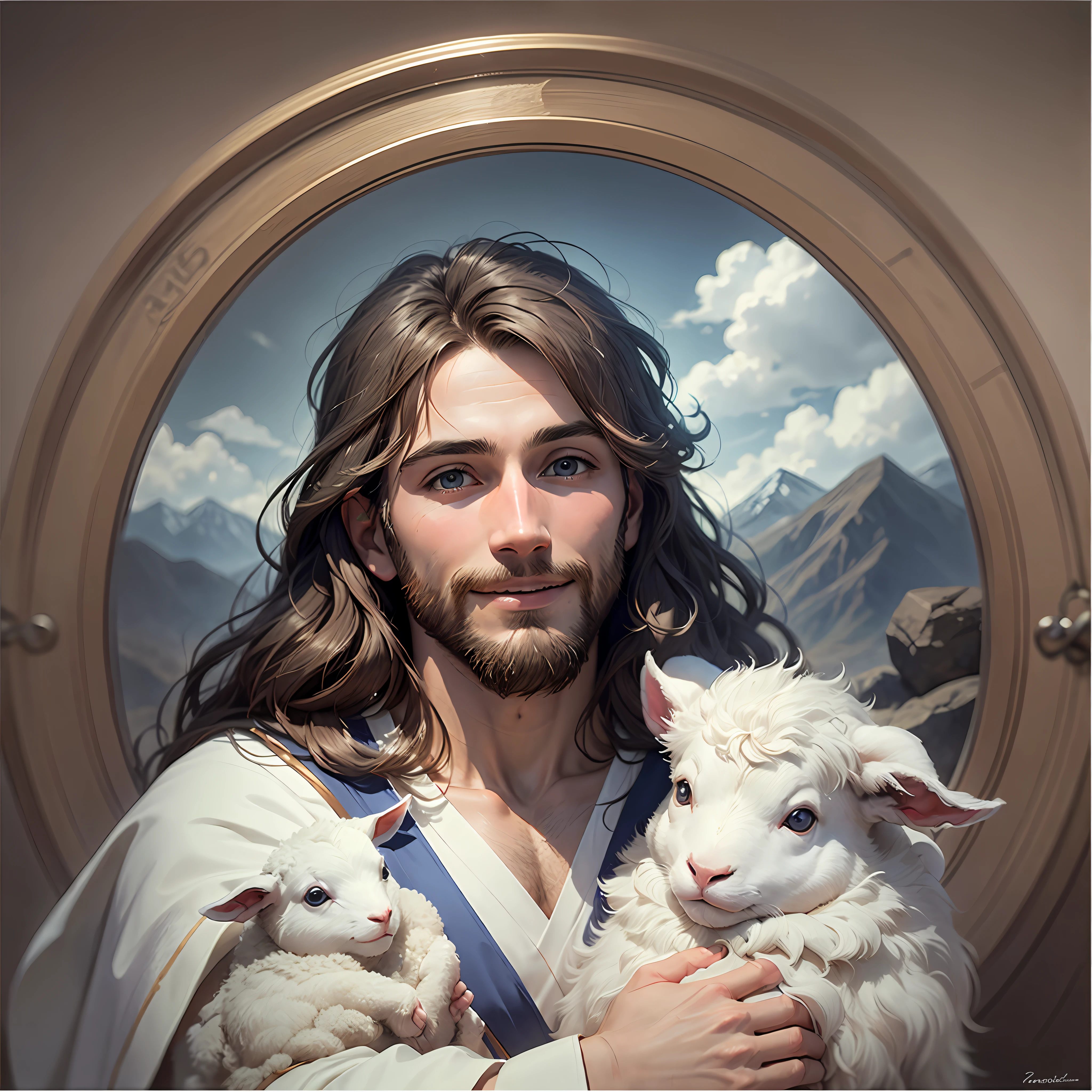 Jesus,portrait, soft light, a man with long brown hair and a beard, wearing a white robe and a blue sash, holding a lamb in his arms, smiling gently, mountains and clouds in the background, 8k, oil painting