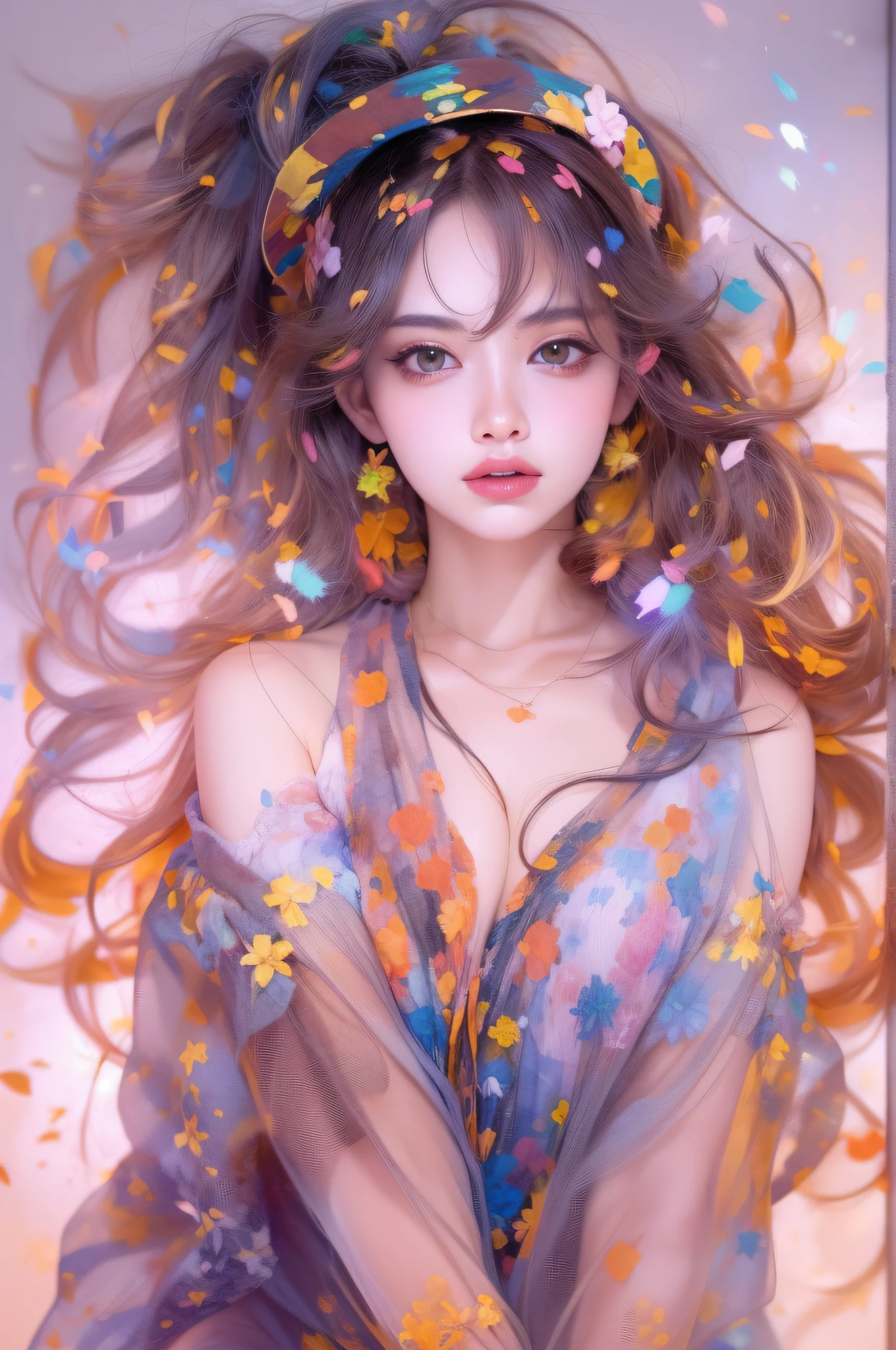 (8K, Best Quality, masutepiece:1.2),(Best Quality:1.0), (超A high resolution:1.0), watercolor paiting, Beautuful Women, Unevenness of the skin、beautiful countenance、Shoulder, Hair ribbons,  Half Body Portrait, extremely luminous bright design, Pastel colors, (inky:1.3), autumn lights, technicolor, Vibrant, Chemical, Radioactive glow, Abstract art by Petros Afshahr, Hypersaturated、bewitching、amorous、sexy、with light glowing、active、