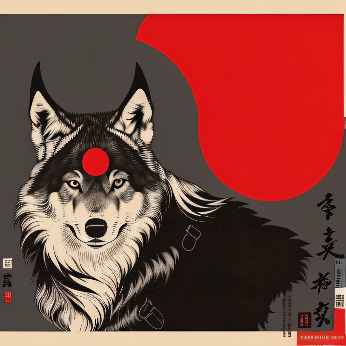 Illustration of a wolf with a red moon in the background, inspired by Nōami, Amaterasu, by Shiba Kōkan, inspired by Shiba Kōkan, Japanese-inspired poster, Kitsune Three - zorro de cola, japanese art style, Estudio Ghibly Style Mononoke, Kitsune, inspired by Kaigetsudō Anchi