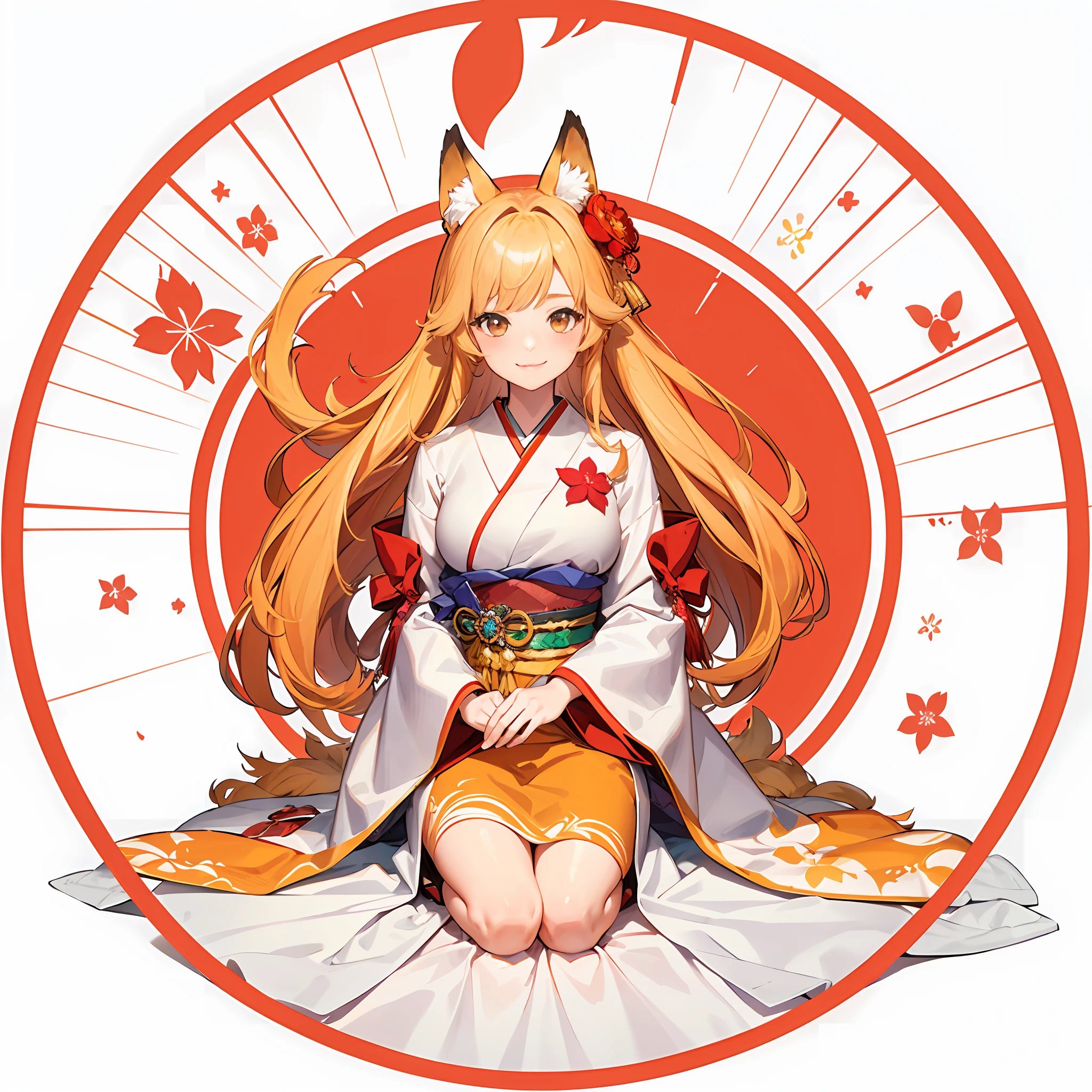 masterpiece, best quality, highly detailed, 1girl, solo, (:3:1.1), animal ear fluff, animal ears, orange hair, fluffy hair, blush, brown eyes, flower, fox ears, fox girl, gradient, gradient background, hair flower, hair ornament, japanese clothes, kimono, looking at viewer, miko, smile, solo, white kimono, beautiful lighting, (Alena Aenami:1.3)