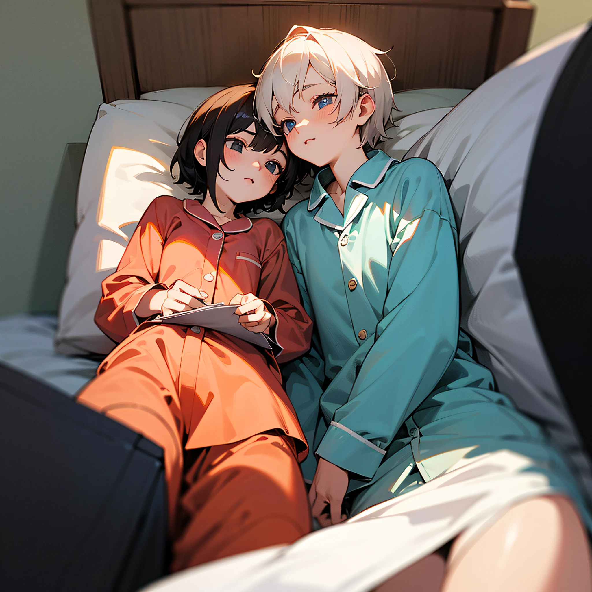 (Ultra-detailed background,detailedbackground)A high resolution,ultra - detailed,Extremely detailed in a high resolution,ultra - detailed,extremely detaile,Shota Niwi and his sister are reading manga while lying in bed at home in pajamas --auto