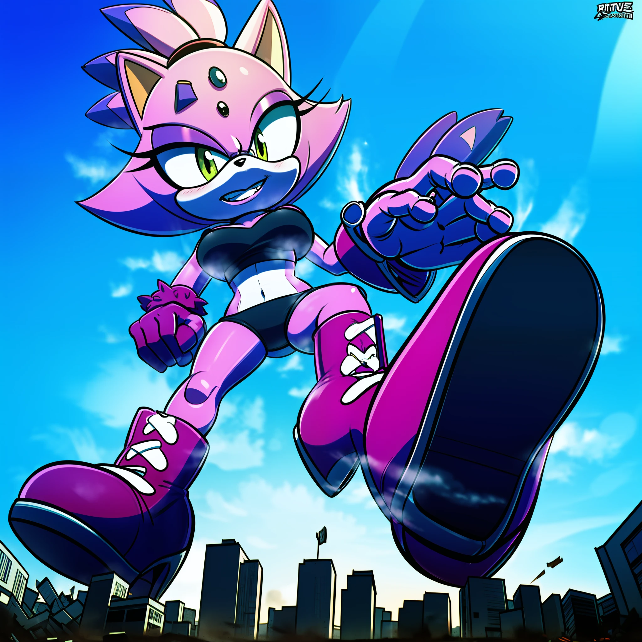 (Blazecat:1.1), female, solo, masterpiece, best quality, (anthro:1.1), detailed eyes, large breasts, blushing, evil grin, GTSCity, tiny cityscape, clouds, stomping, (rampage:1.2), high angle, seen from above, catgirl, sfw, full body, punk outfit, black t-shirt, short shorts,