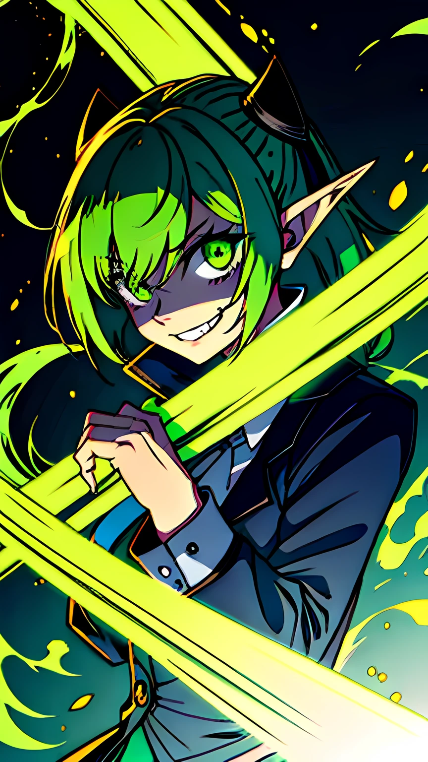 gothicpunkai, 1girl, elf, pointy ears, green hair, green glowing eyes, crazy smile, constricted pupils, in darkness, hiding in the shadows,